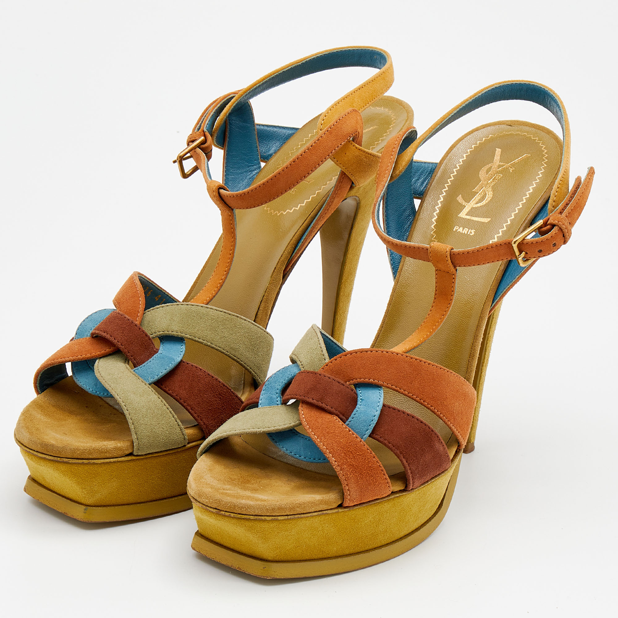 

Yves Saint Laurent Multicolor Suede Tribute Platform Ankle Strap Sandals Size