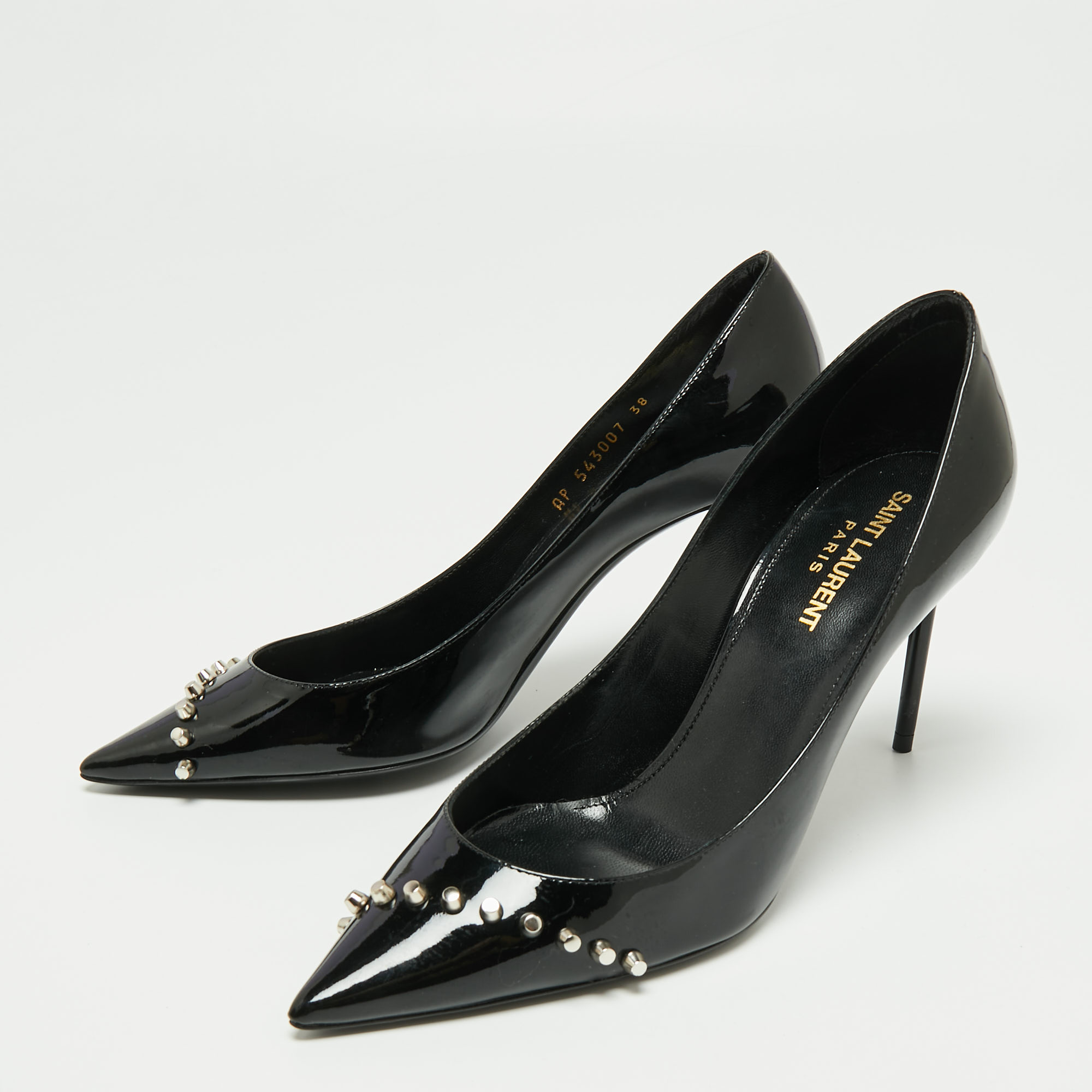 

Yves Saint Laurent Black Patent Leather Zoe Studded Pointed Toe Pumps Size