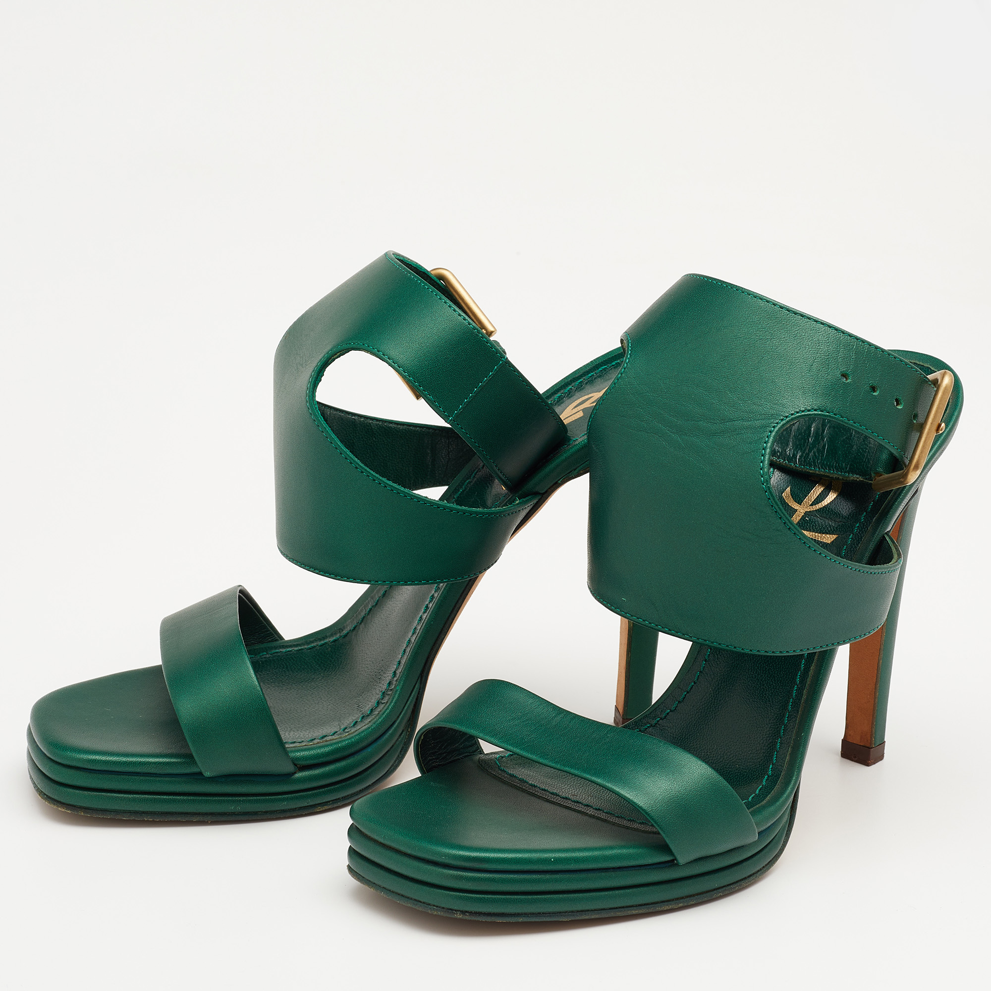 

Yves Saint Laurent Green Leather Ankle Strap Platform Sandals Size