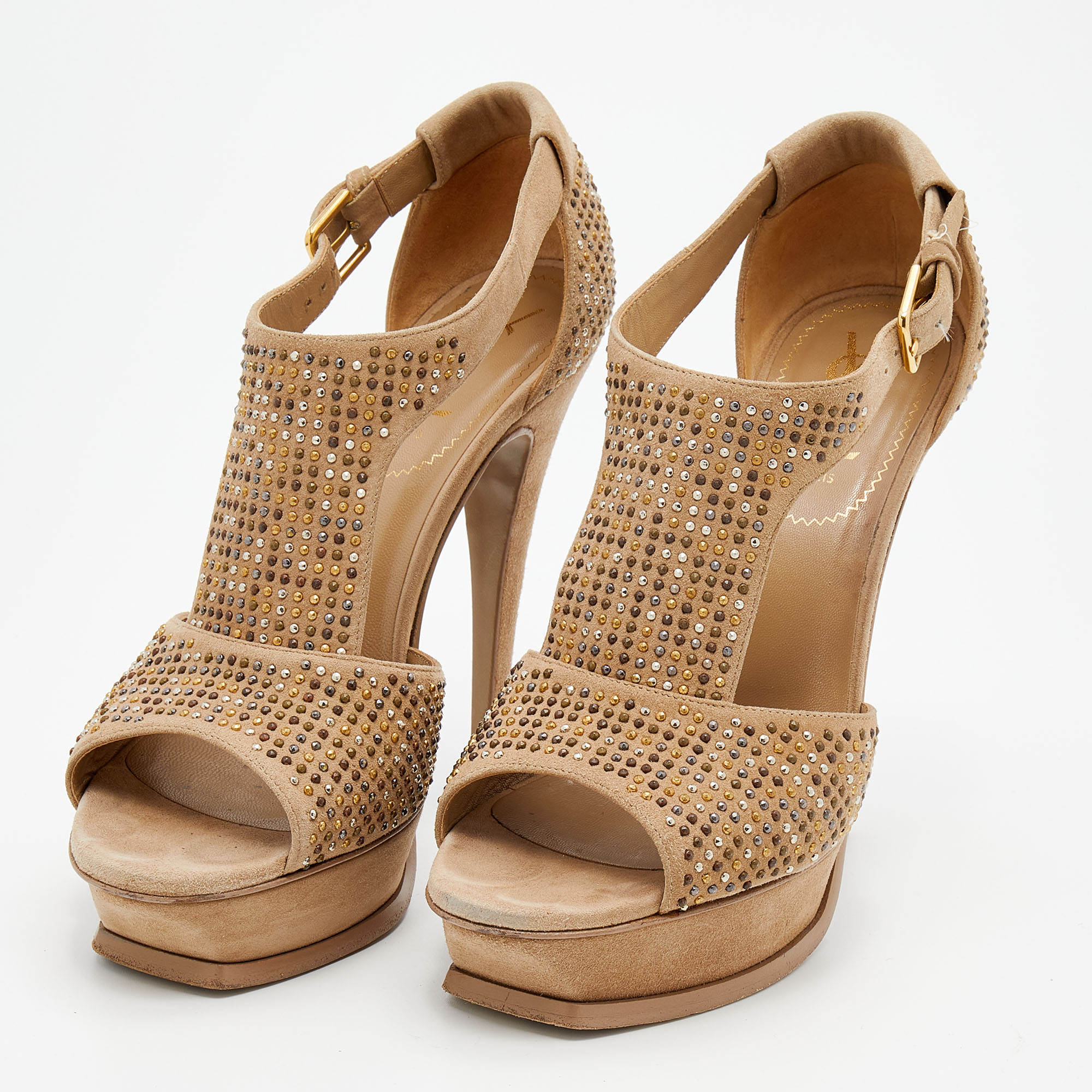 

Yves Saint Laurent Beige Studded Suede T-Strap Platform Sandals Size