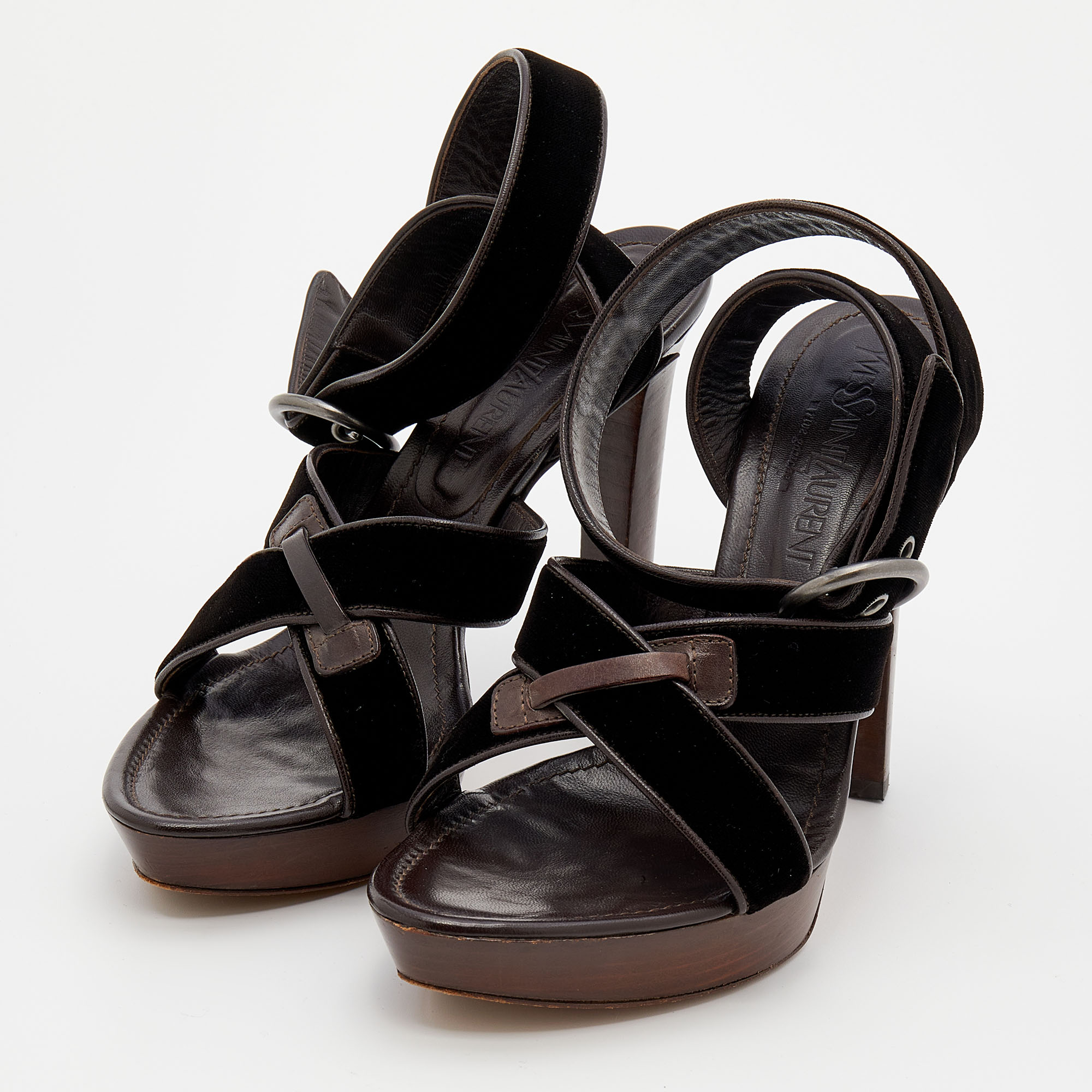 

Yves Saint Laurent Dark Brown Velvet And Leather Strappy Platform Sandals Size