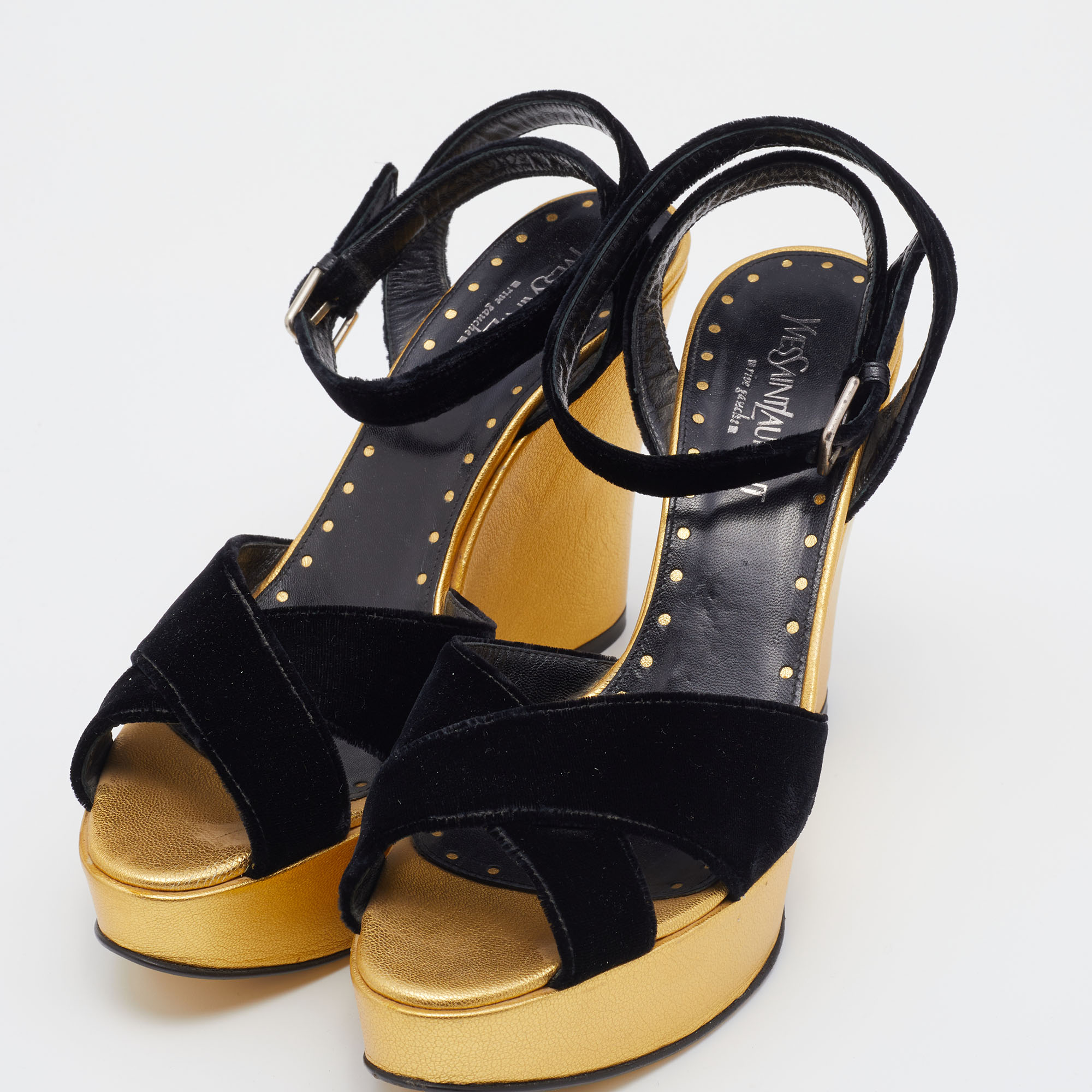 

Yves Saint Laurent Black Velvet Criss Cross Ankle Strap Wedge Platform Sandals Size