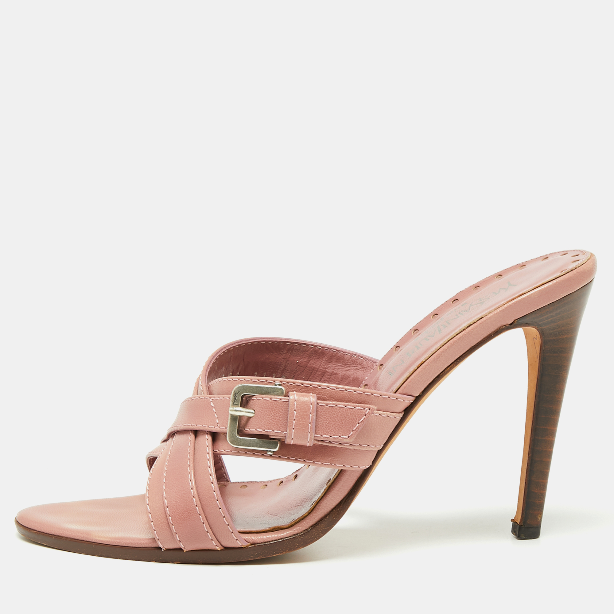

Yves Saint Laurent Pink Leather Cross Strap Buckle Sandals Size