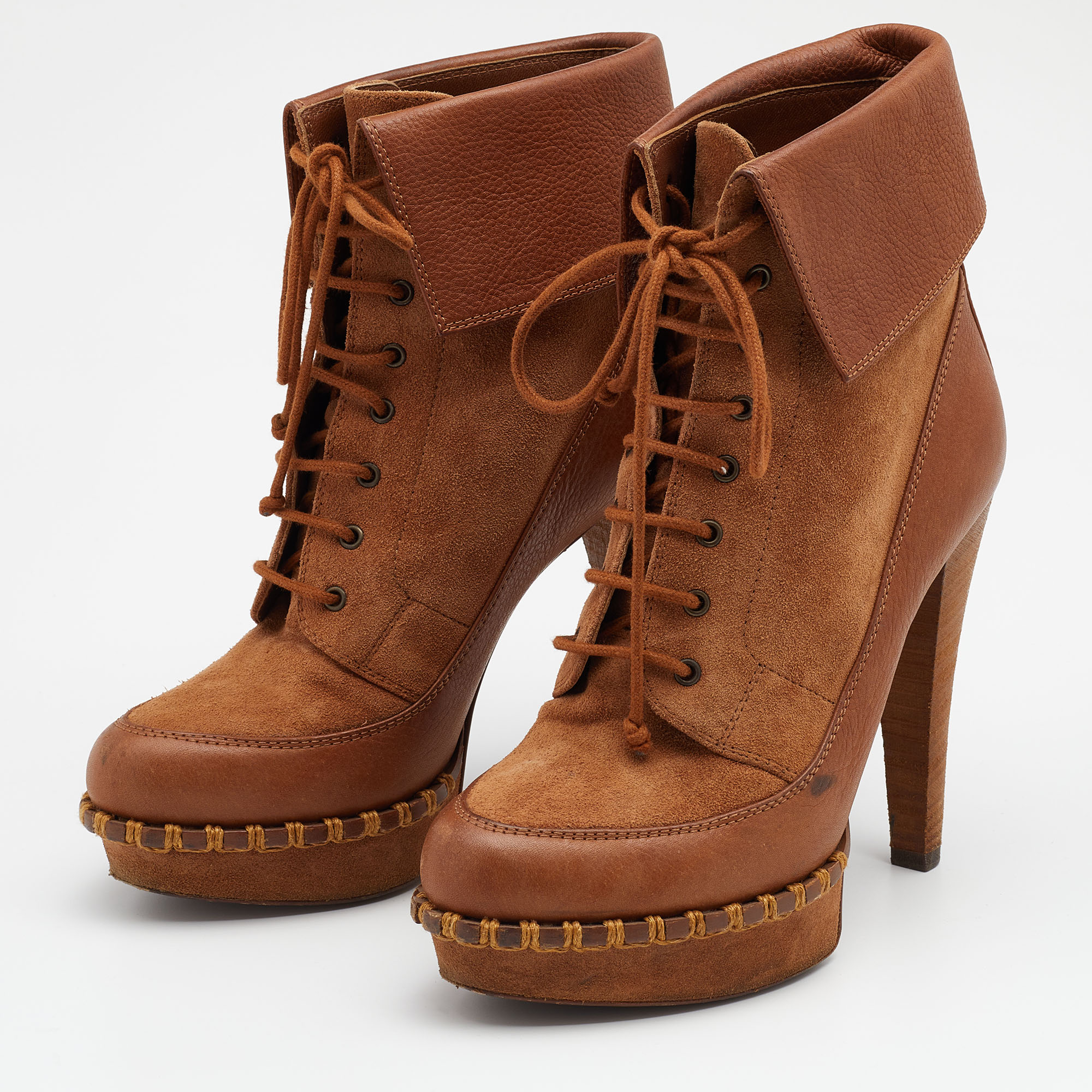 

Yves Saint Laurent Brown Suede and Leather Platform Ankle Length Boots Size