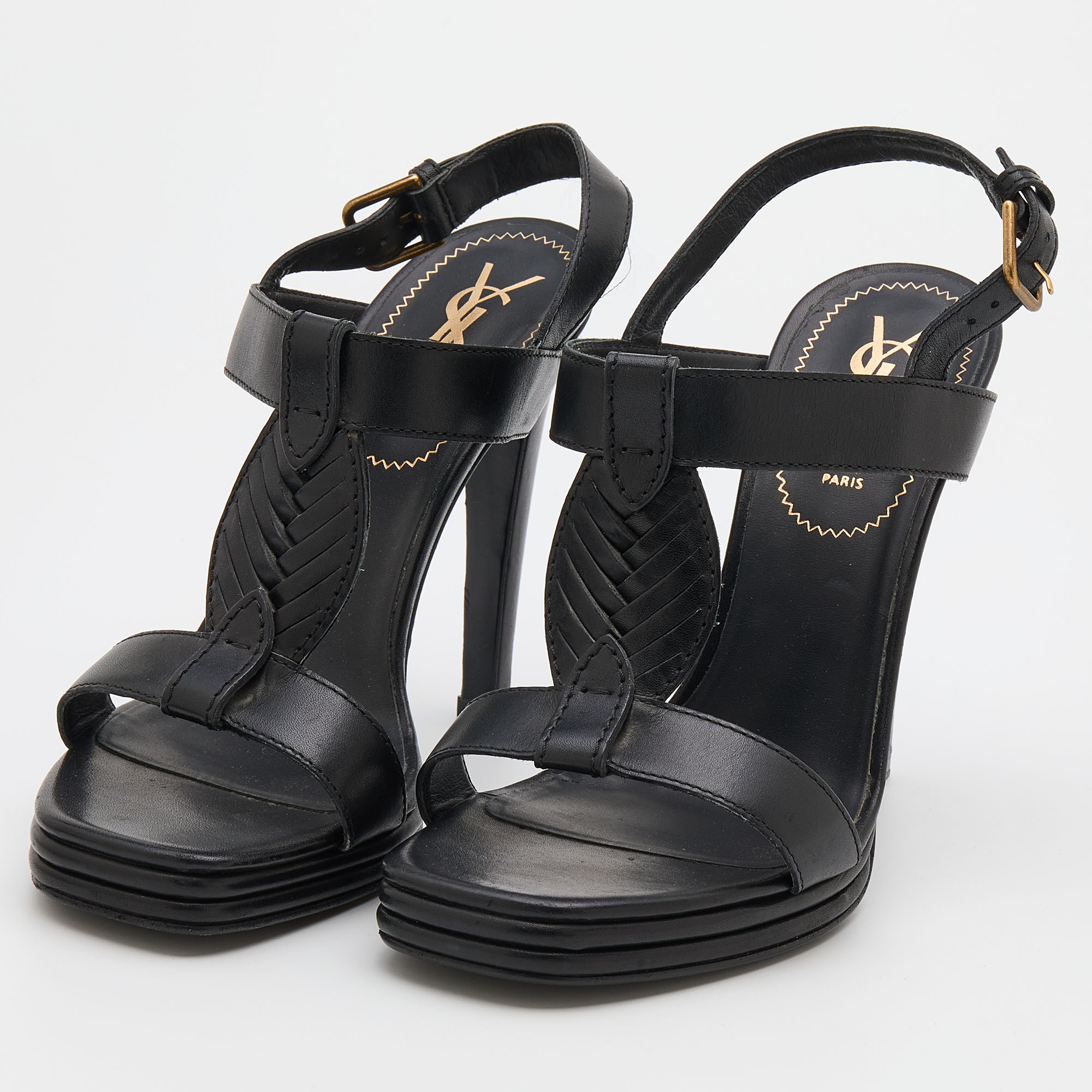 

Yves Saint Laurent Black Leather T-Strap Platform Sandals Size