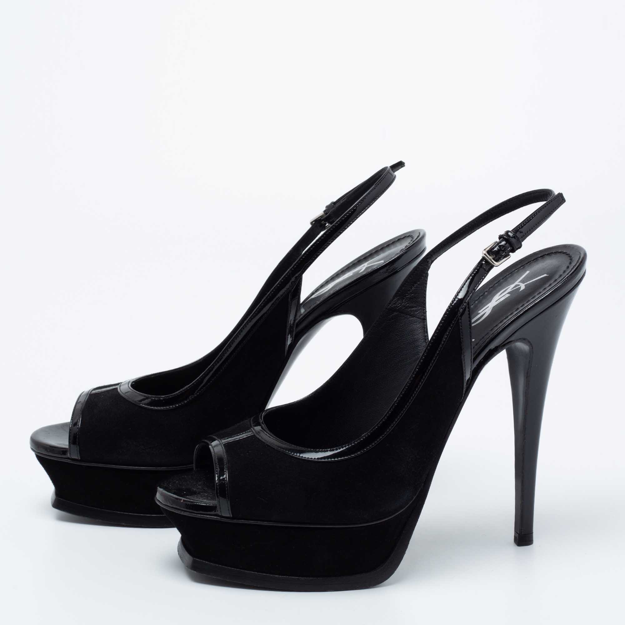 

Yves Saint Laurent Black Suede And Patent Leather Tribtoo Slingback Platform Sandals Size