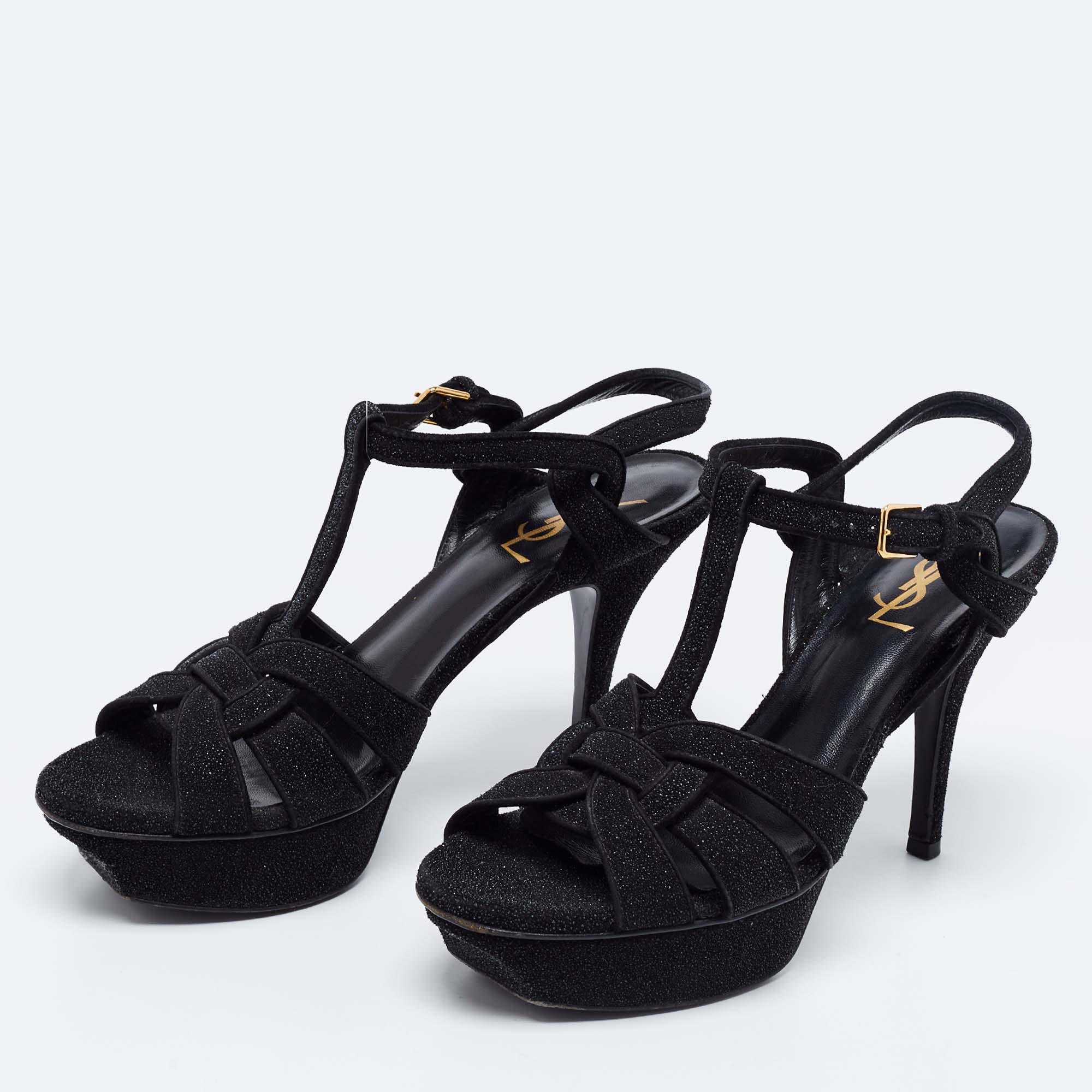 

Saint Laurent Black/Silver Glitter Suede Tribute Platform Sandals Size