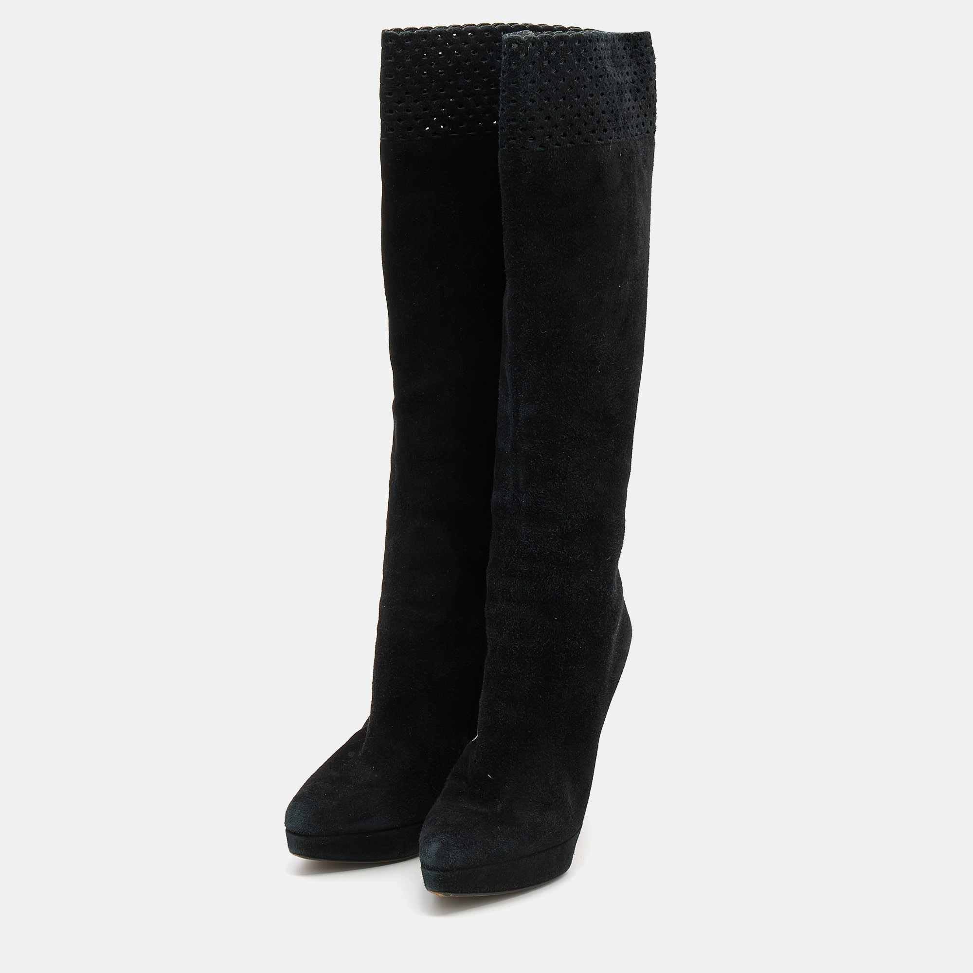 

Yves Saint Laurent Black Suede Platform Knee Length Boots Size