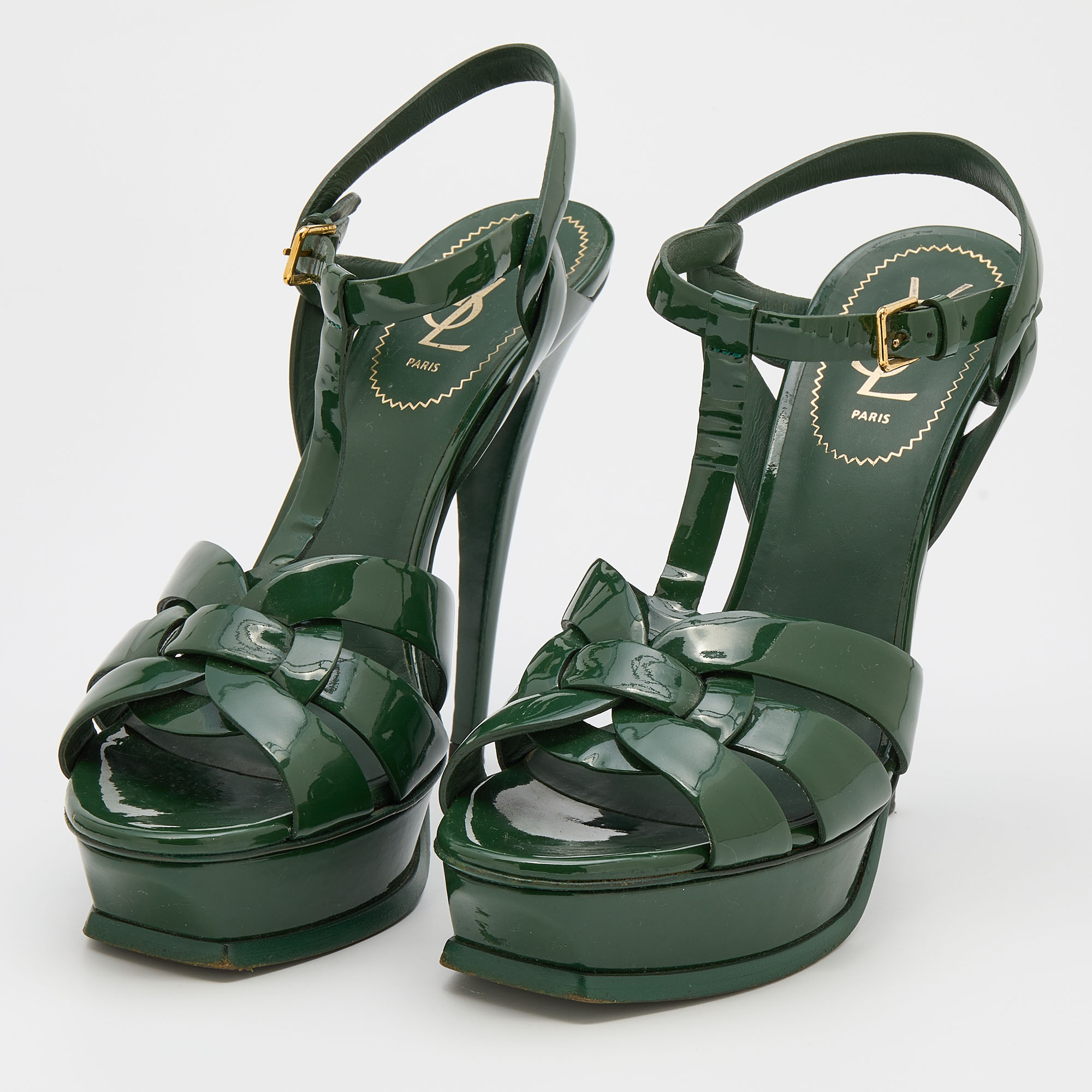 

Yves Saint Laurent Green Patent Leather Tribute Platform Sandals Size