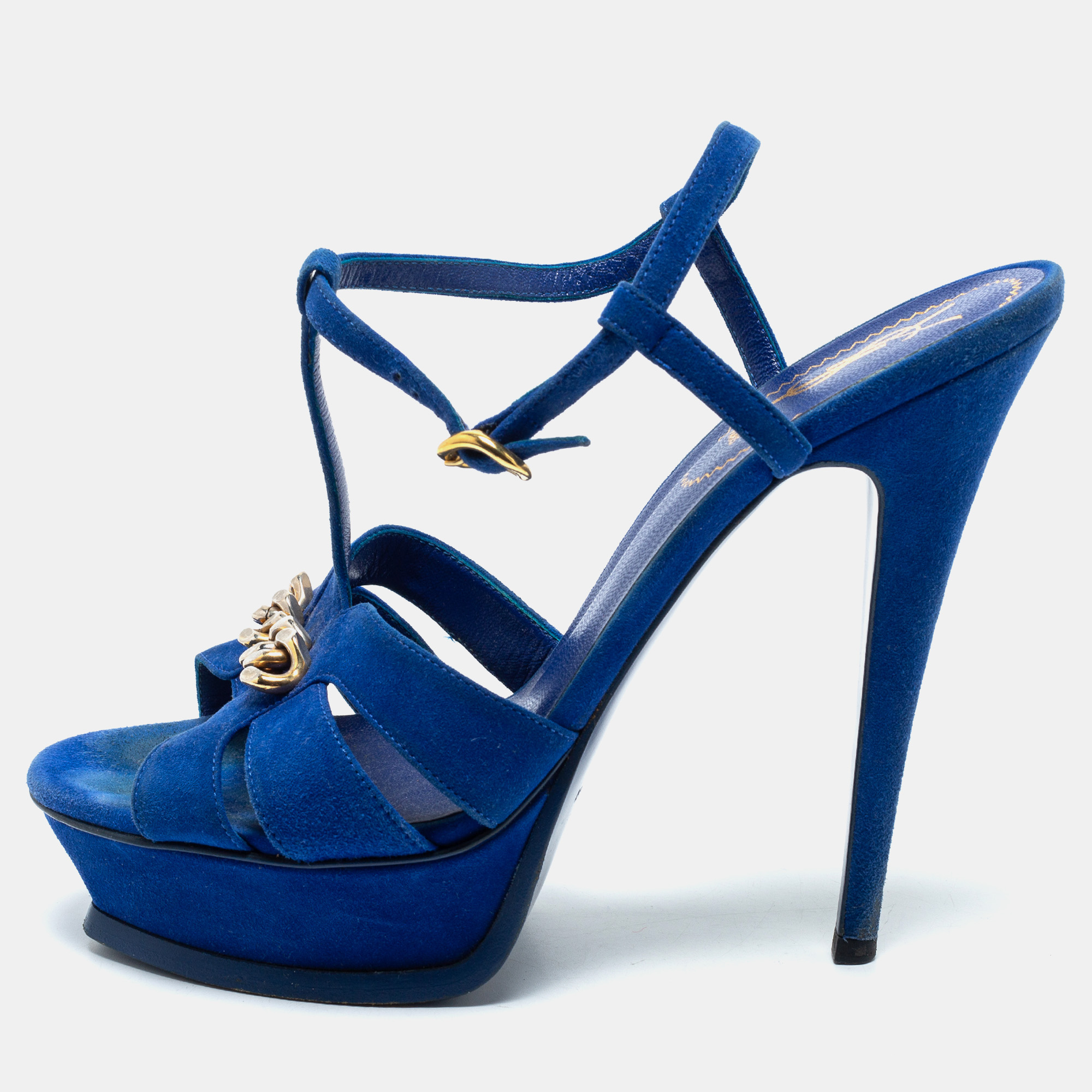 

Yves Saint Laurent Navy Blue Suede Chain Detail Platform Sandals Size