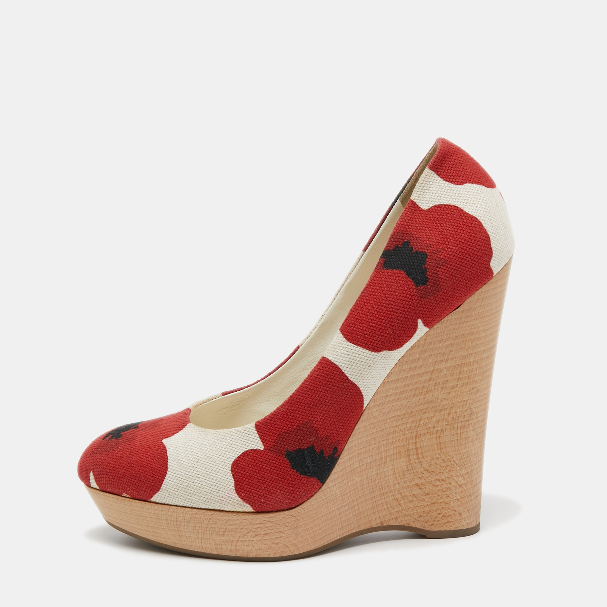 Pre-owned Saint Laurent Red/white Flower Print Canvas Wedge Pumps Size 40