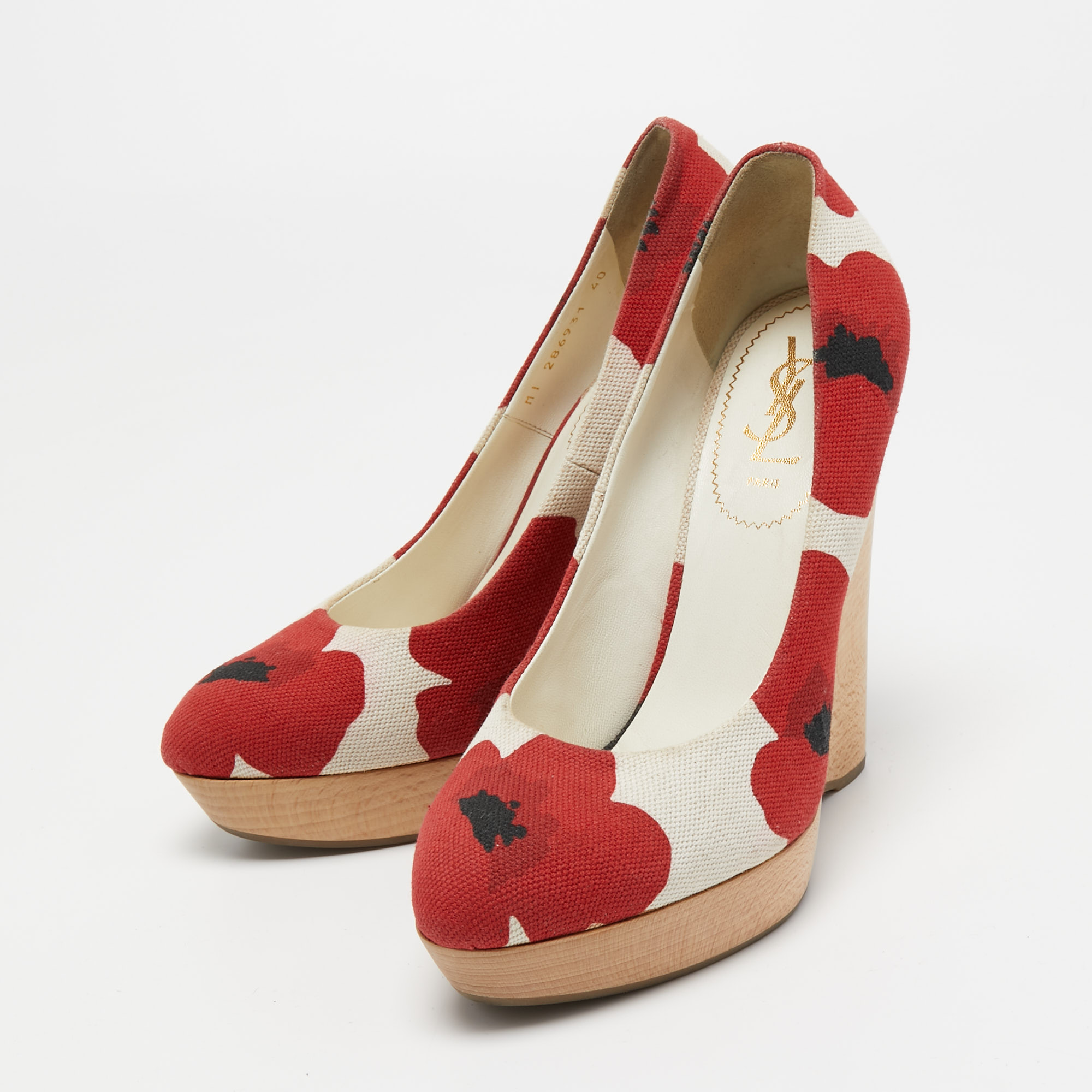 

Yves Saint Laurent Red/White Flower Print Canvas Wedge Pumps Size
