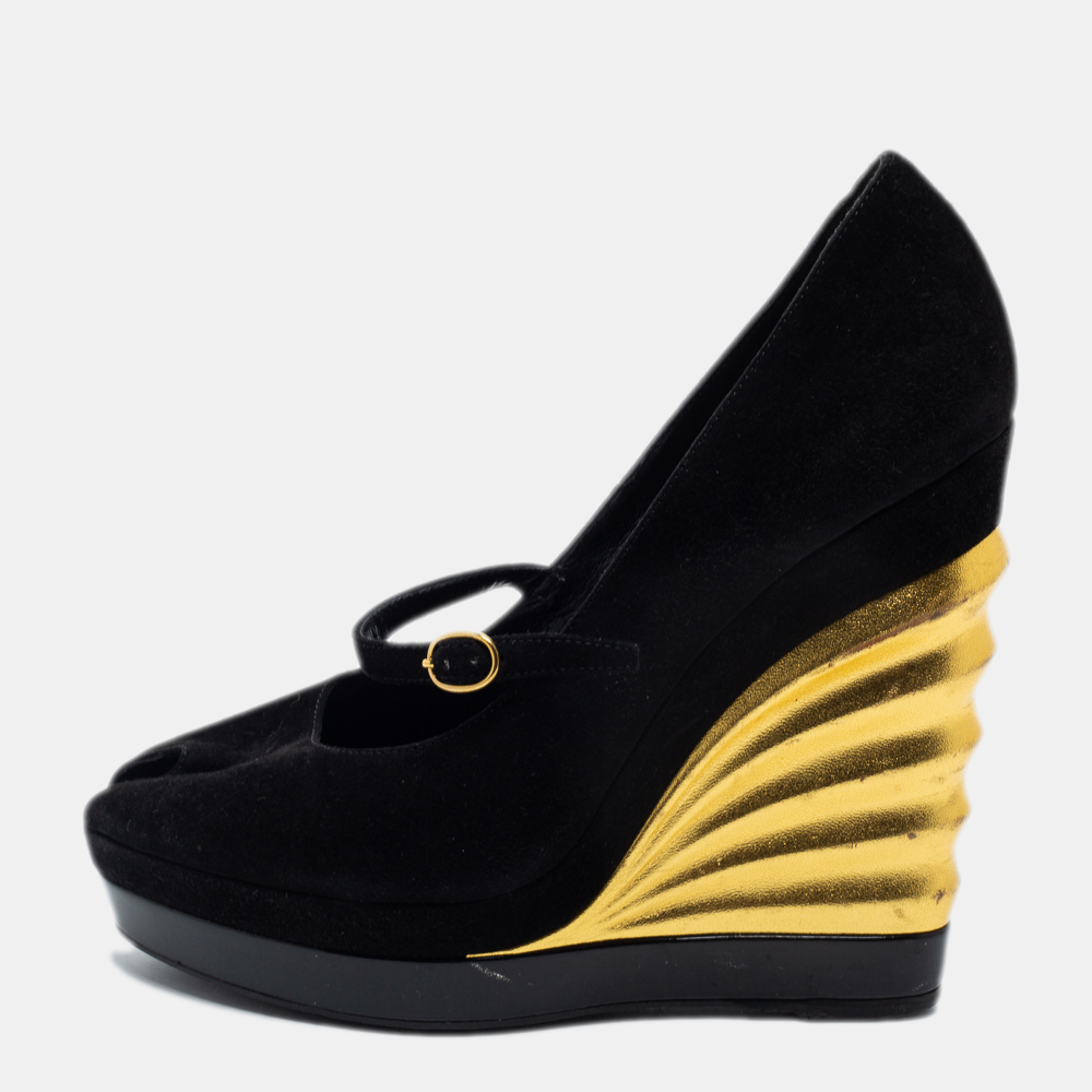 Pre-owned Saint Laurent Black Suede Robyn Wedge Pumps Size 36
