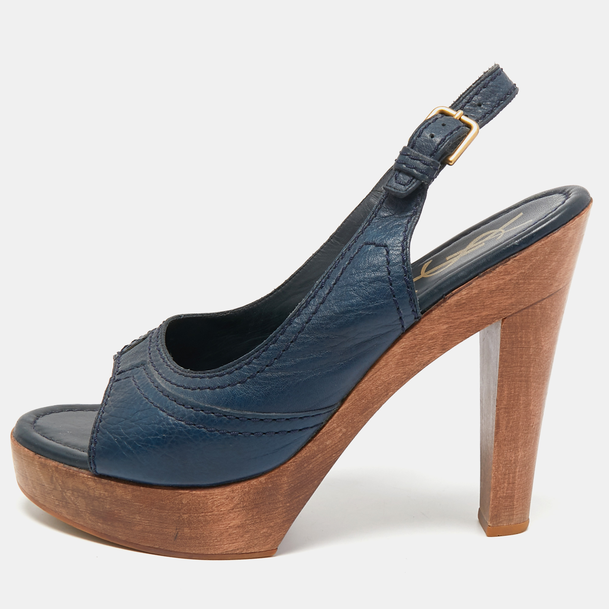 Pre-owned Saint Laurent Blue Leather Slingback Sandals Size 38.5