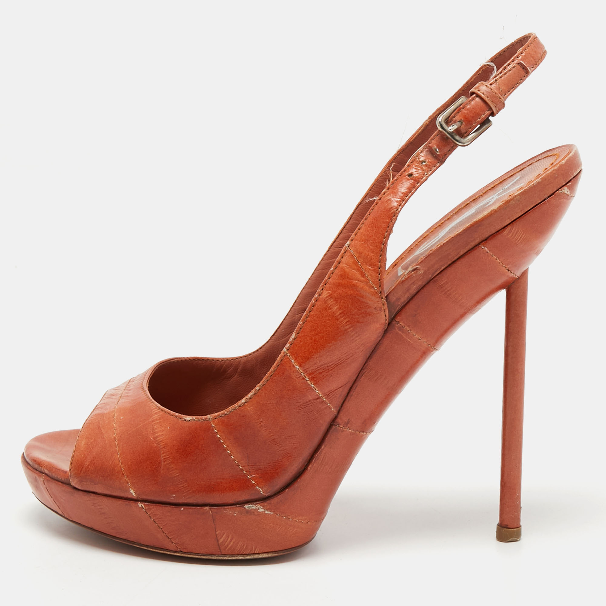 Pre-owned Saint Laurent Orange Leather Slingback Platform Sandals Size 37