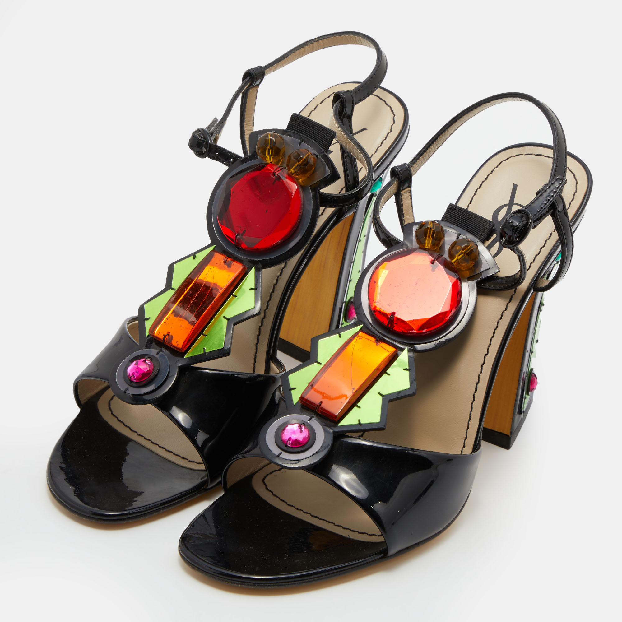 

Yves Saint Laurent Black Patent Leather Embellished T-Strap Sandals Size