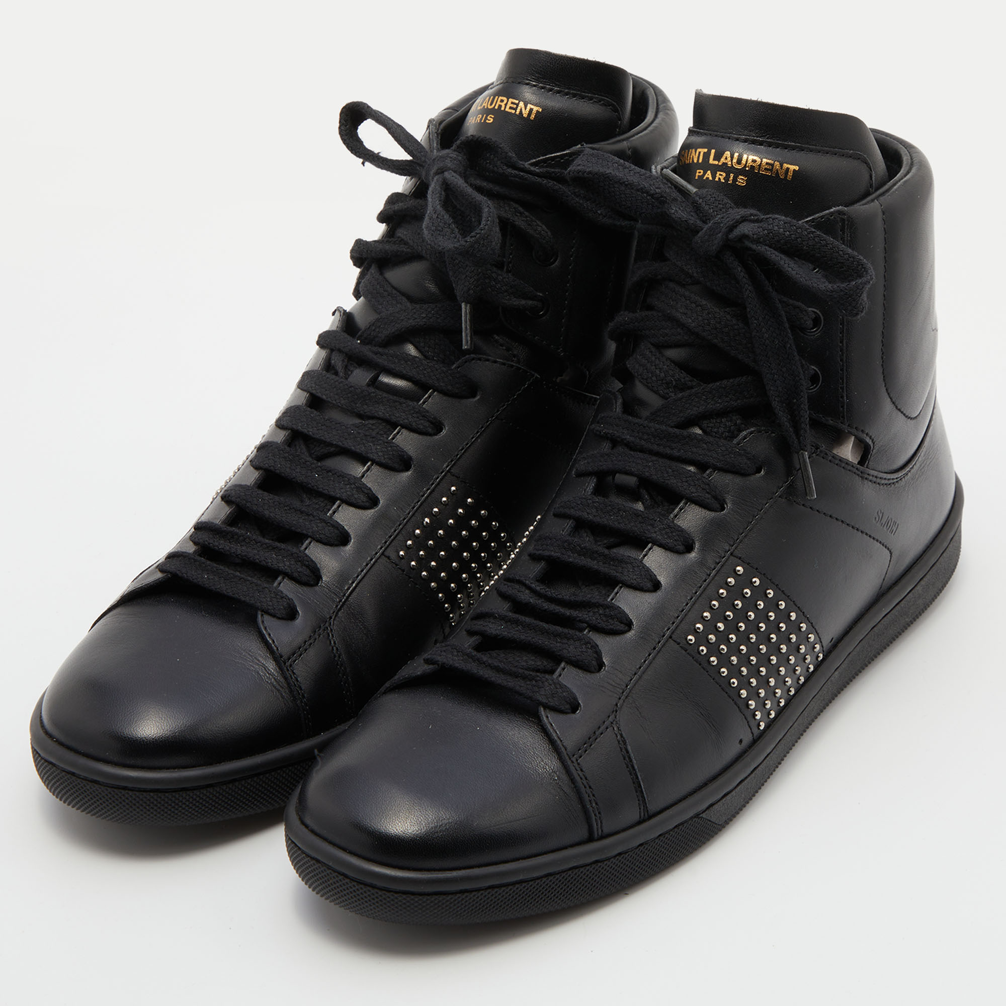 

Saint Laurent Black Leather Studded High Top Sneakers Size