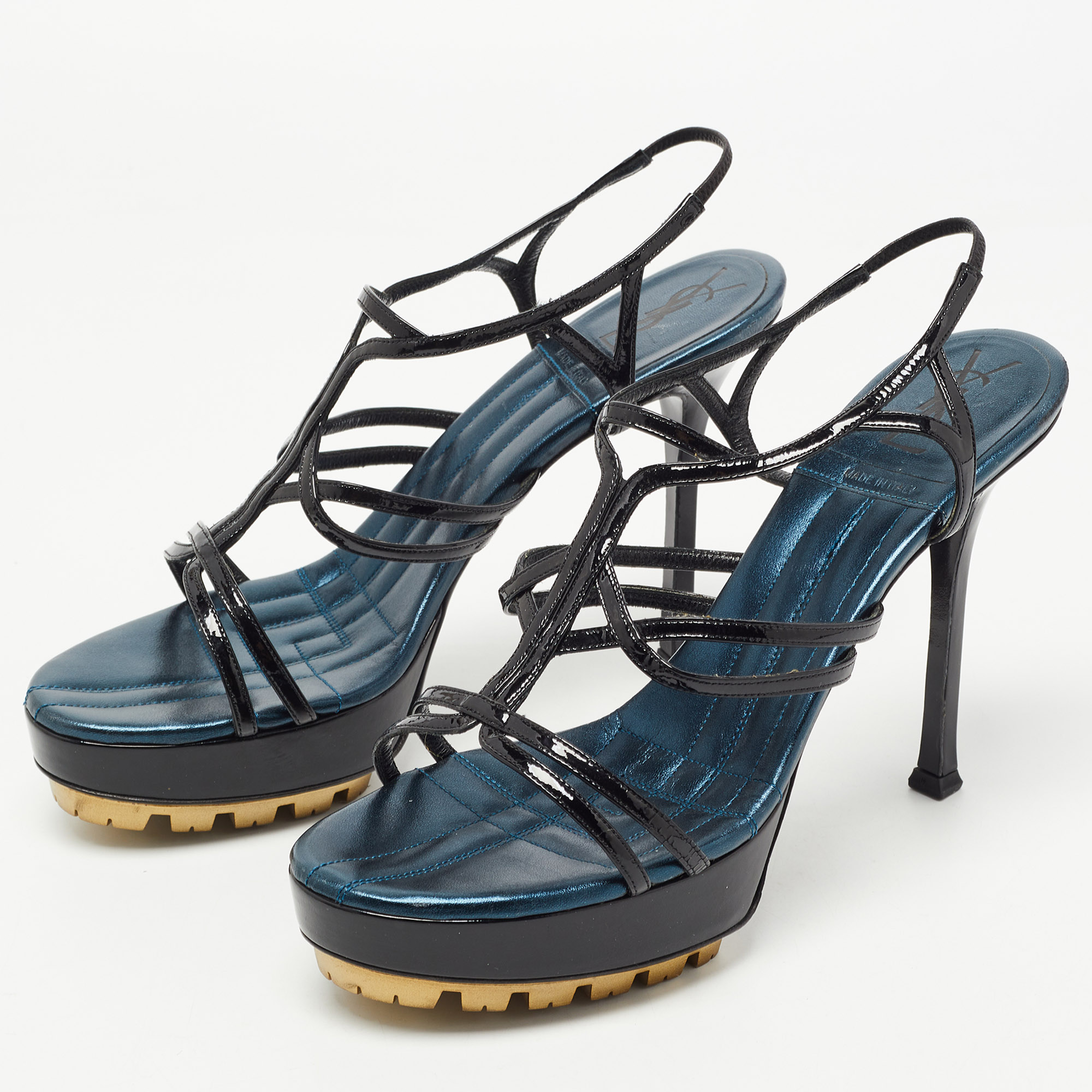 

Yves Saint Laurent Black Patent Leather Strappy Platform Sandals Size