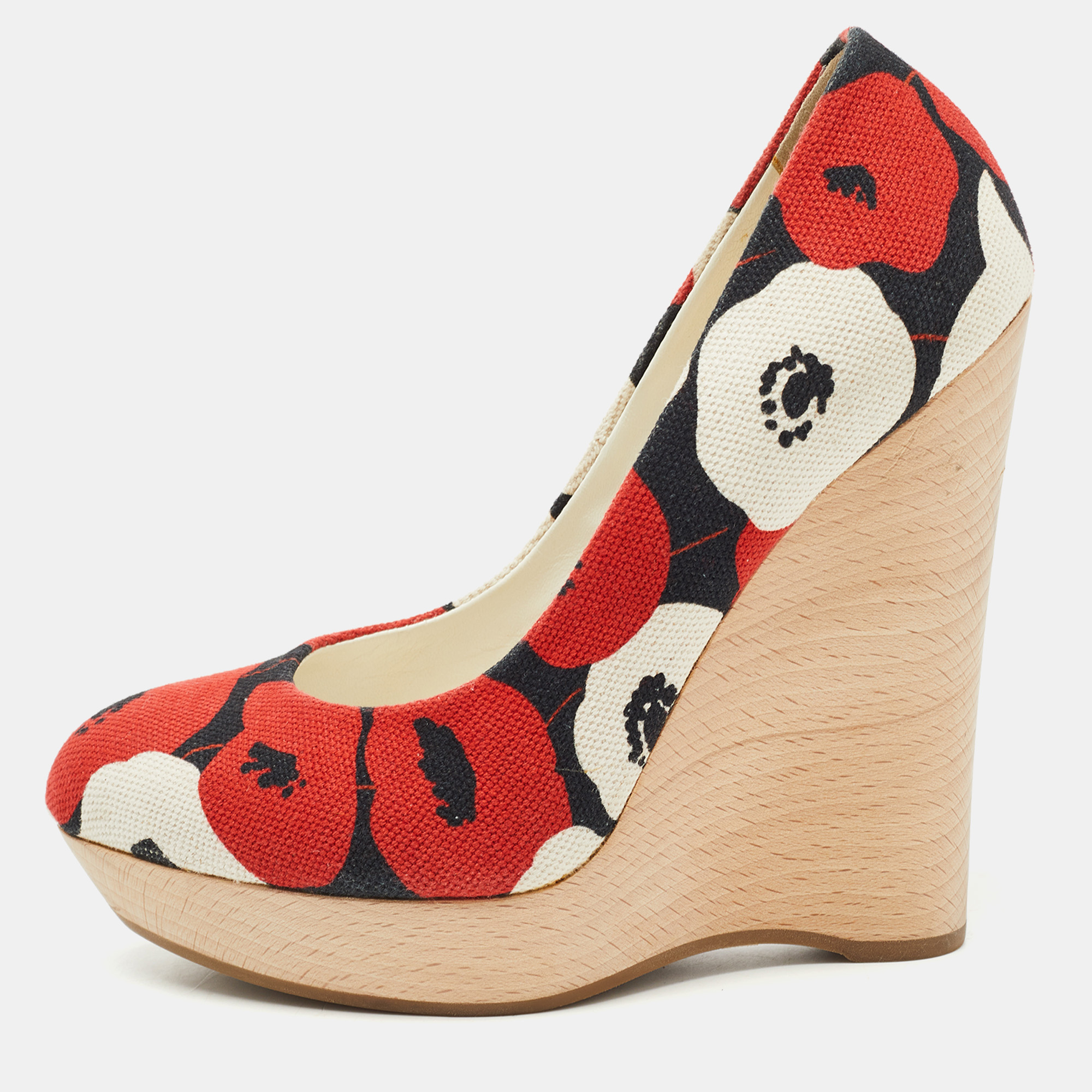 Pre-owned Saint Laurent Tricolor Floral Print Canvas Wedge Pumps Size 36 In Red