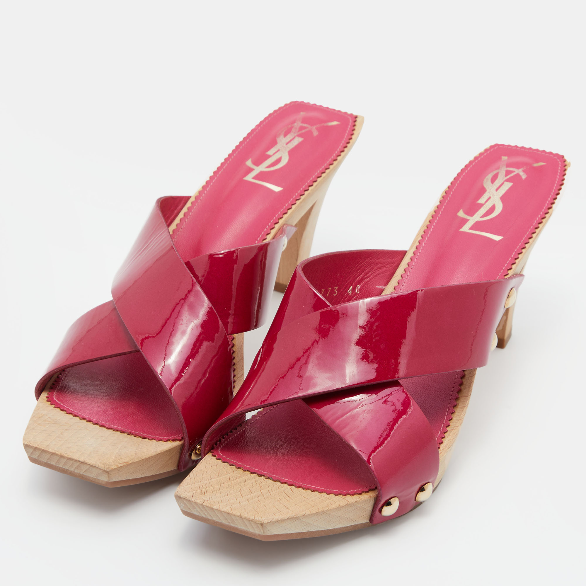 

Yves Saint Laurent Pink Patent Leather and Wood Loulou Criss Cross Mules Size