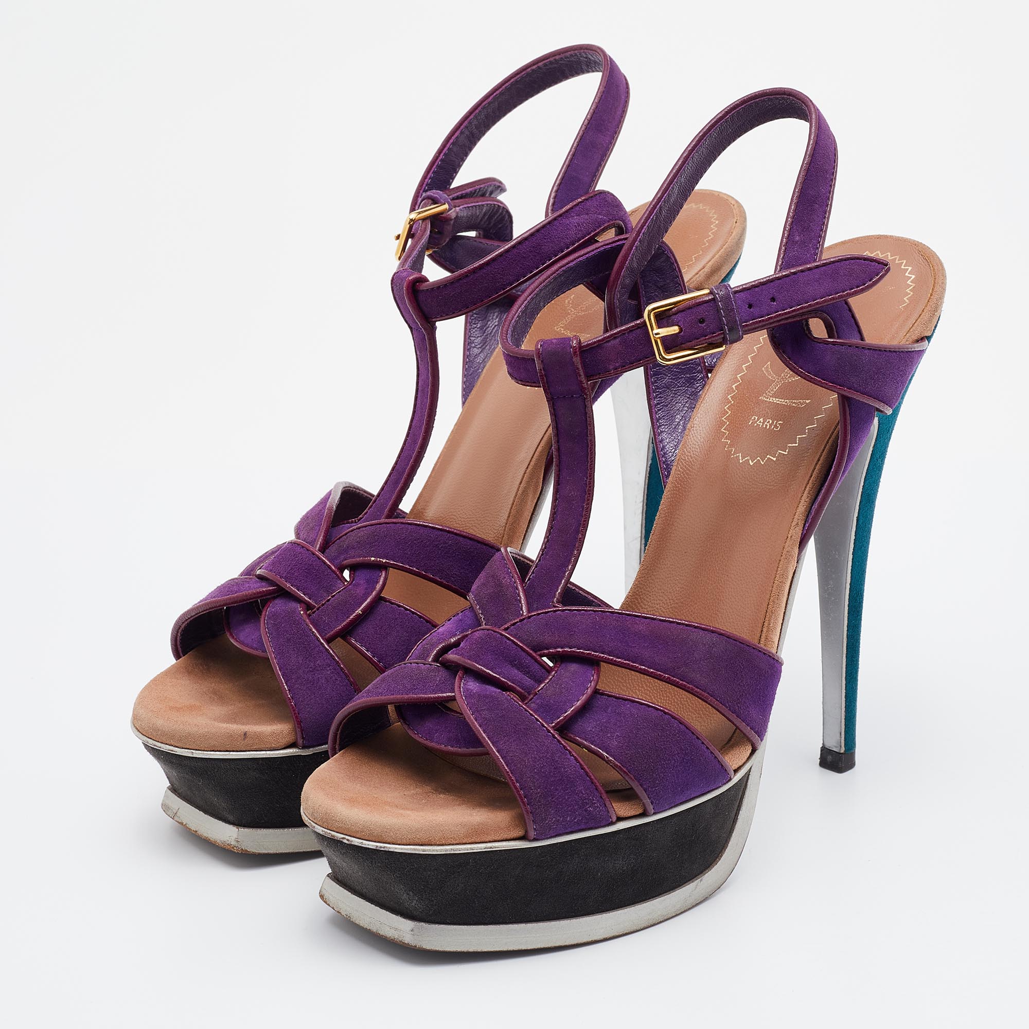 

Yves Saint Laurent Multicolor Suede and Leather Tribute Sandals Size