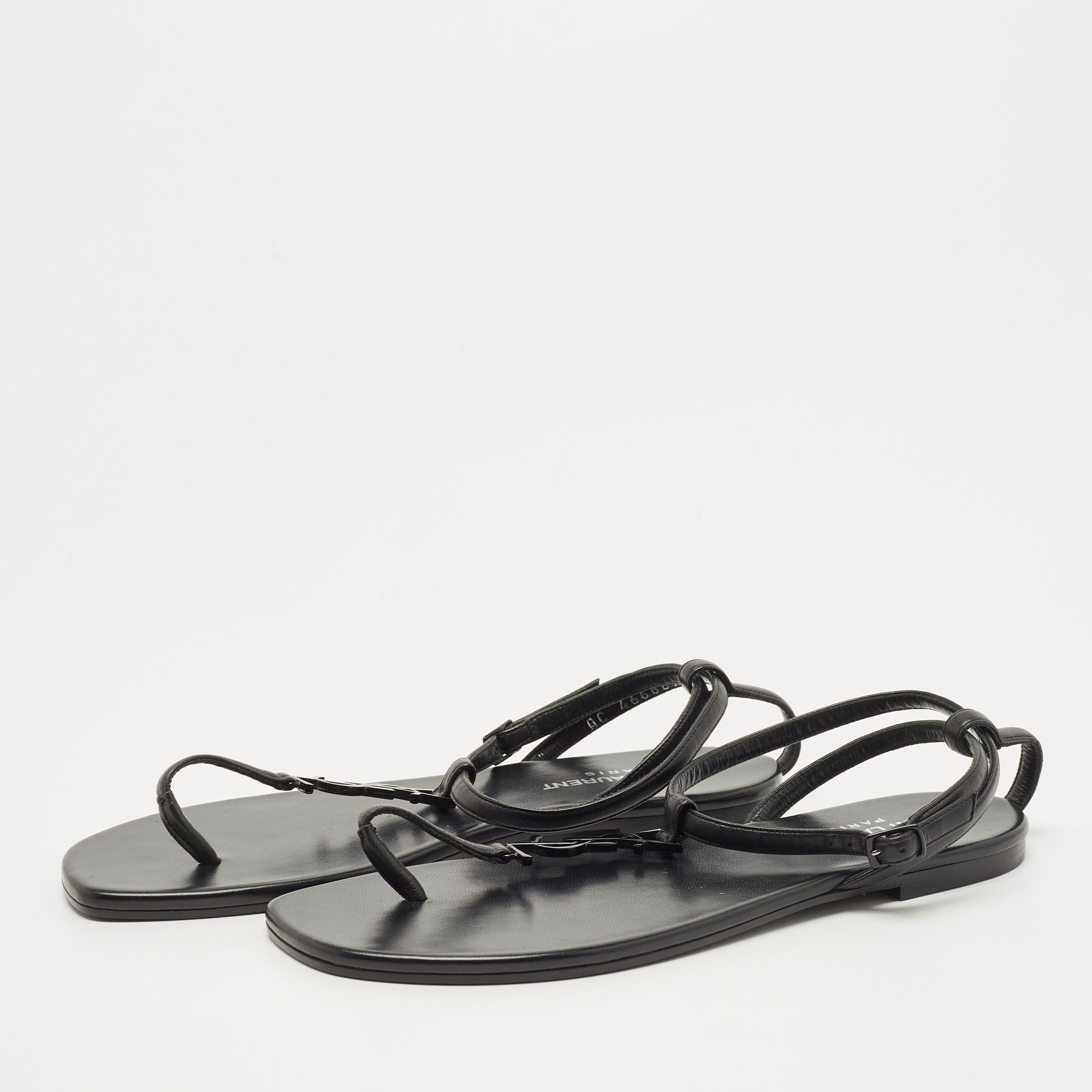 

Saint Laurent Black Leather Logo T-Strap Flat Thong Sandals Size