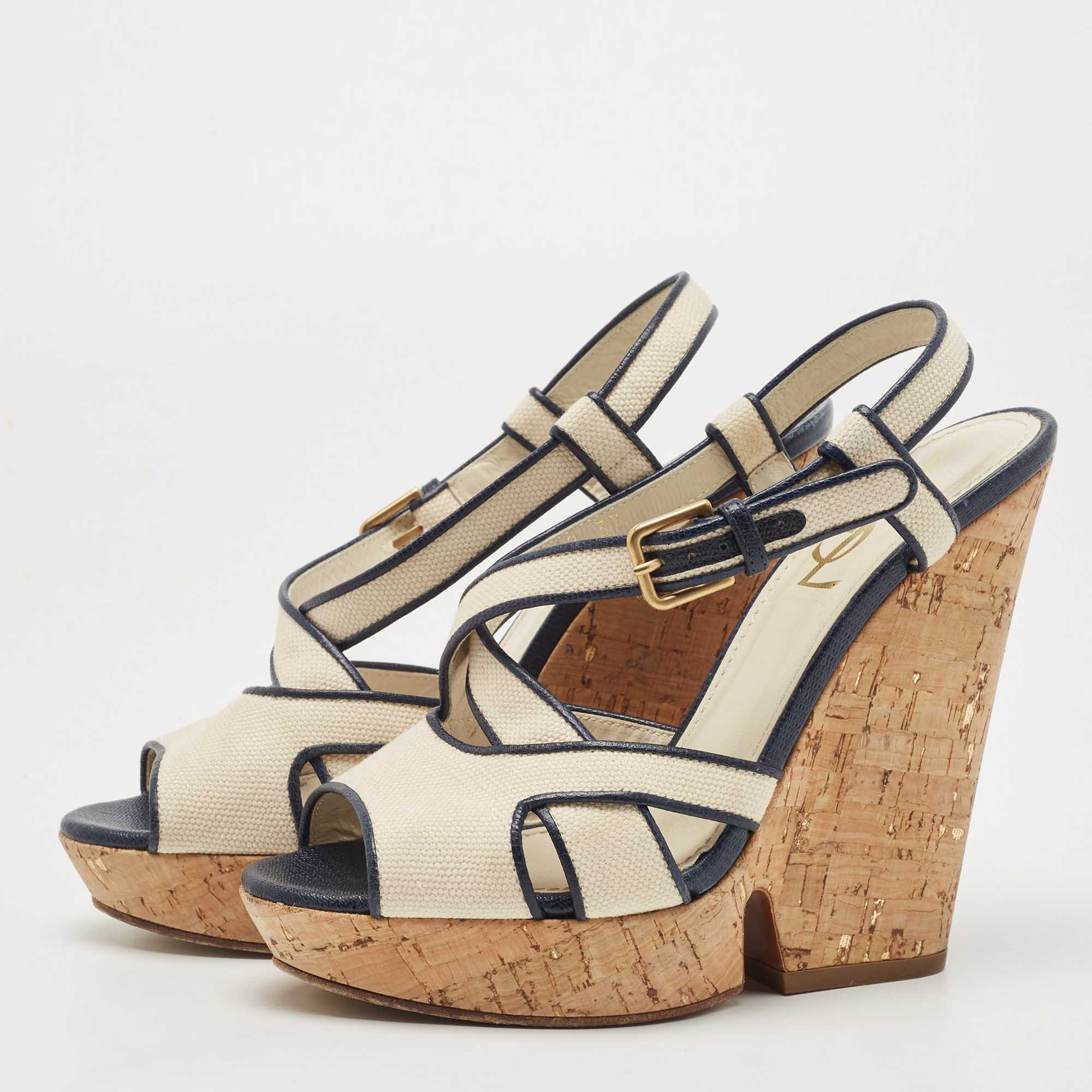 

Yves Saint Laurent White/Navy Blue Canvas Deauville Cork Wedge Sandals Size