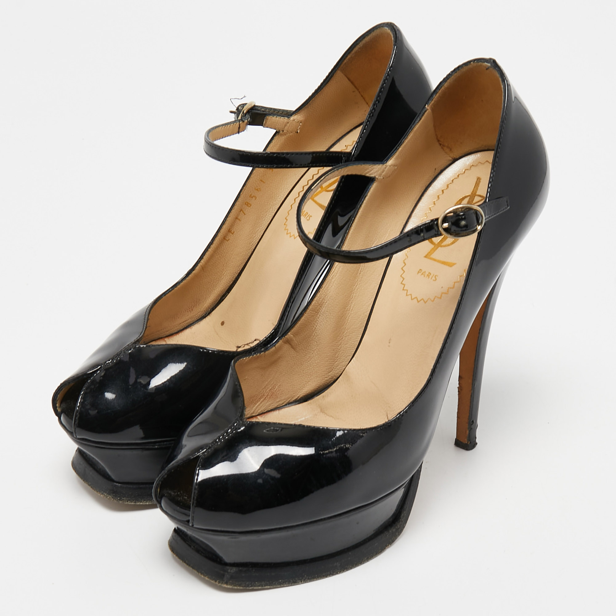 

Yves Saint Laurent Black Patent Leather Peep Toe Pumps Size 35