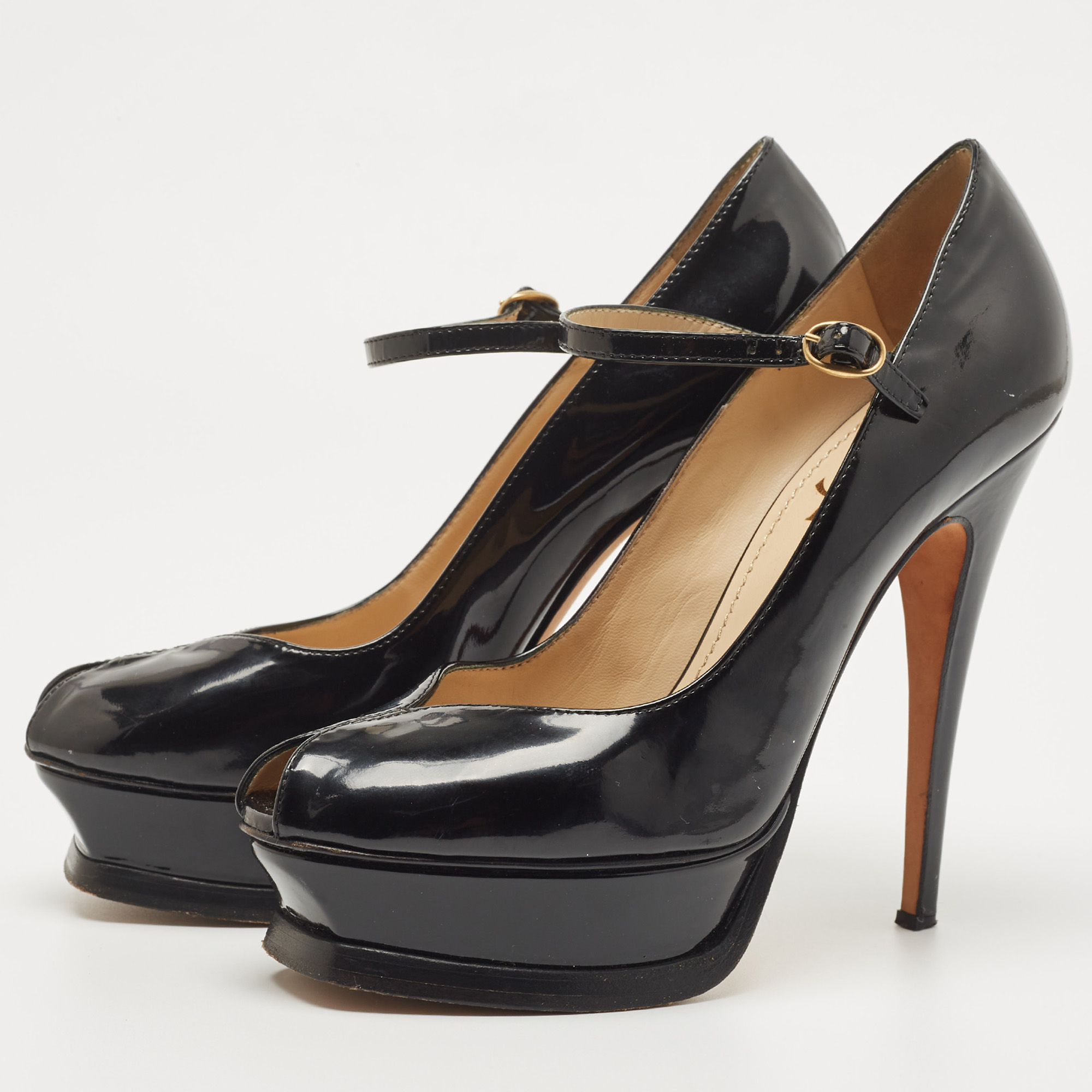 

Yves Saint Laurent Black Patent Tribute Ankle Strap Pumps Size