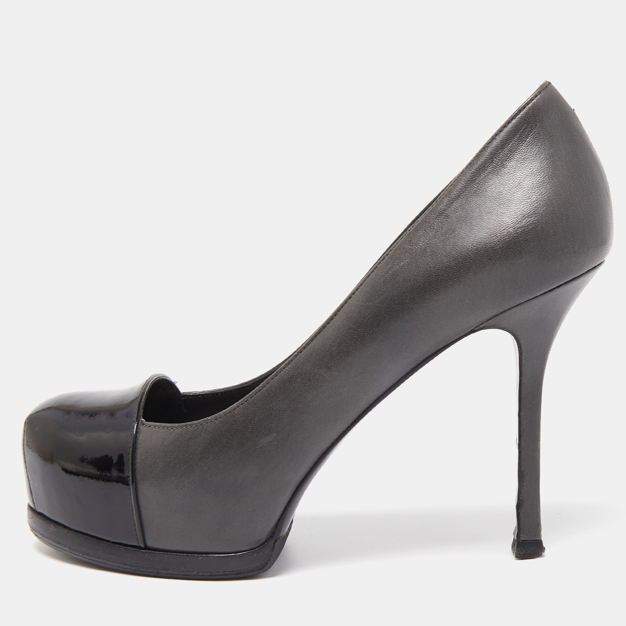 Pre-owned Saint Laurent Grey/black Leather And Patent Tribtoo Pumps Size 36