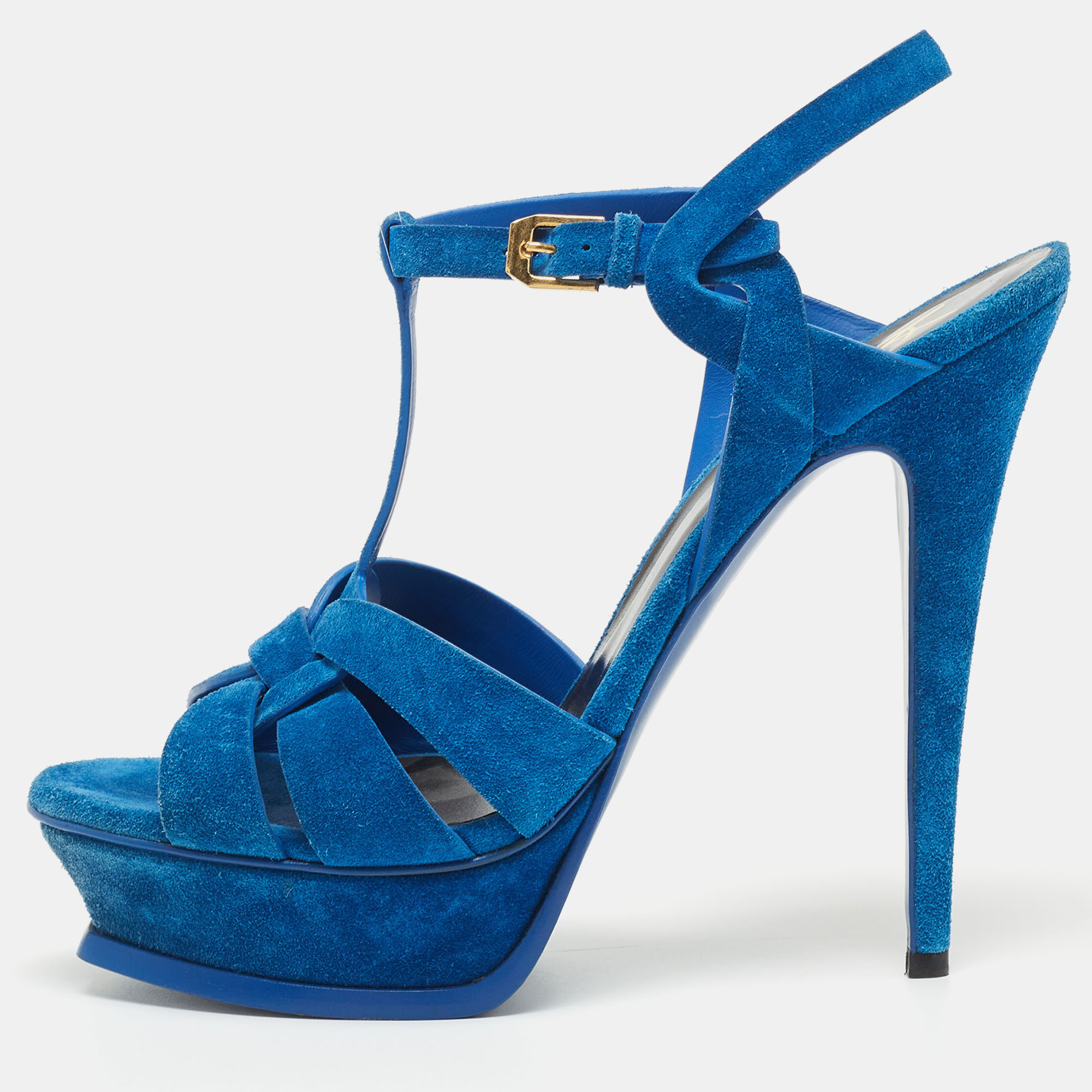Pre-owned Saint Laurent Blue Suede Tribute Ankle Strap Sandals Size 40.5