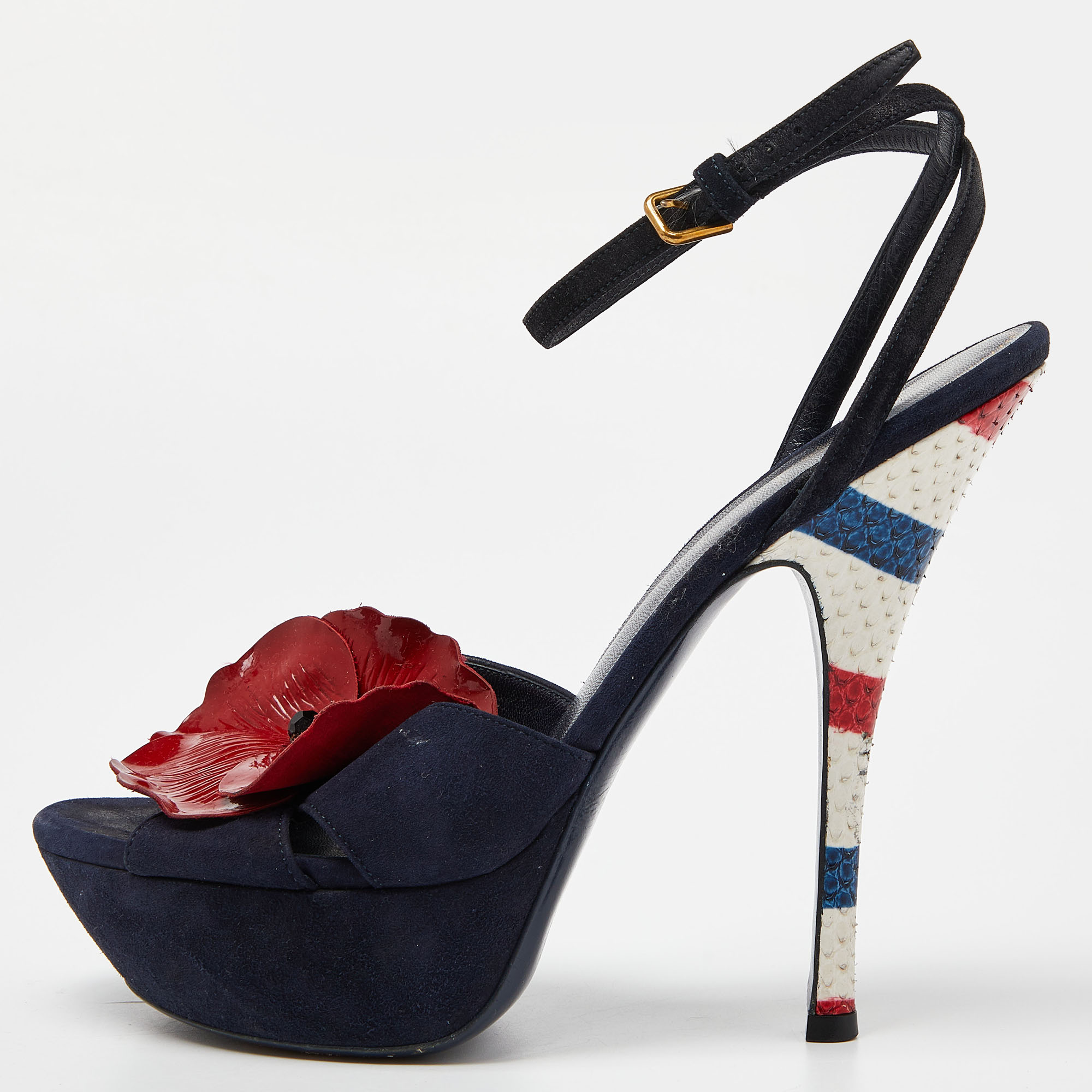 Pre-owned Saint Laurent Navy Blue Suede Flower Embellished Ankle Strap Sandals Size 39