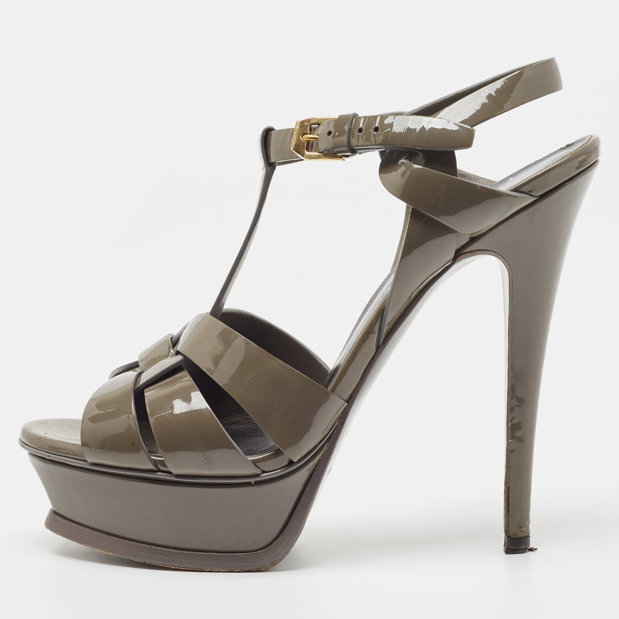Pre-owned Saint Laurent Grey Patent Tribute Sandals Size 37.5