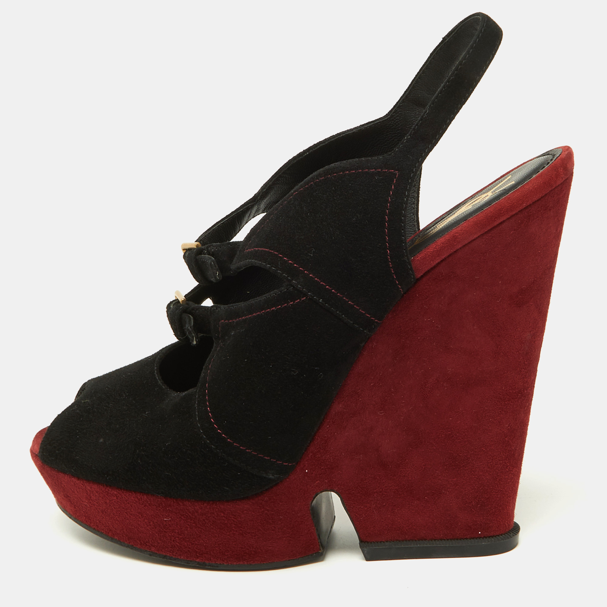 Pre-owned Saint Laurent Black/burgundy Suede Slingback Wedge Sandals Size 41