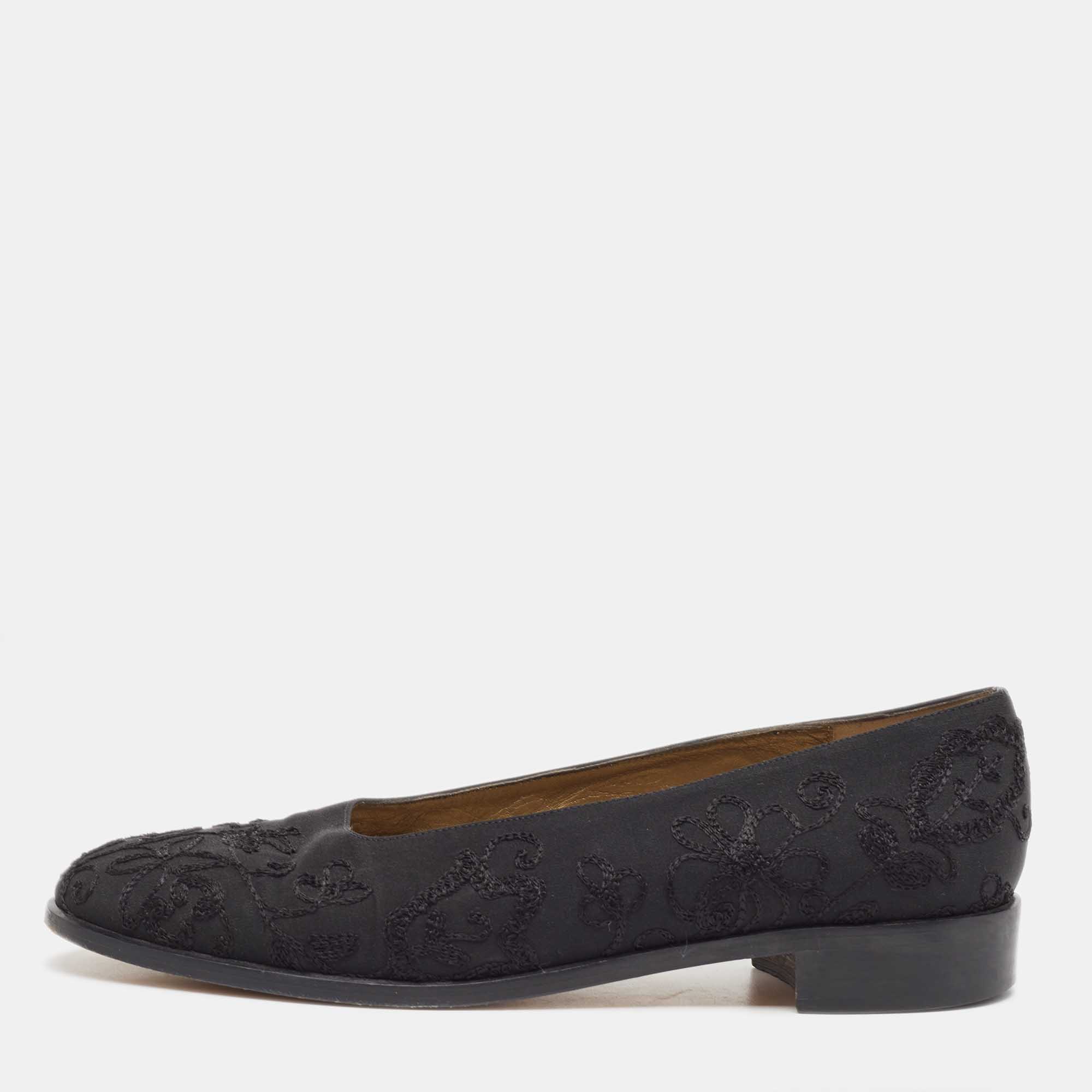 Pre-owned Saint Laurent Black Embroidered Fabric Ballet Flats Size 41.5