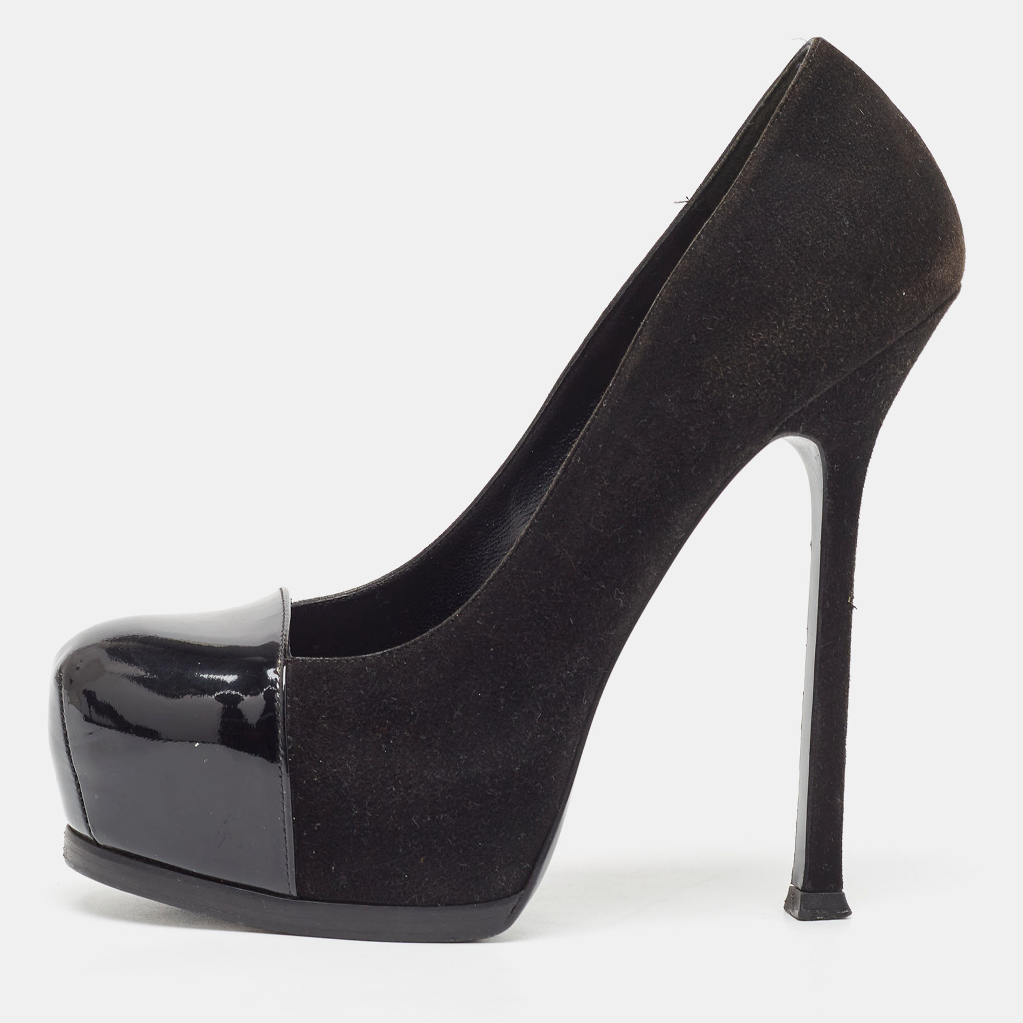 

Yves Saint Laurent Black Leather and Patent Tribtoo Pumps Size