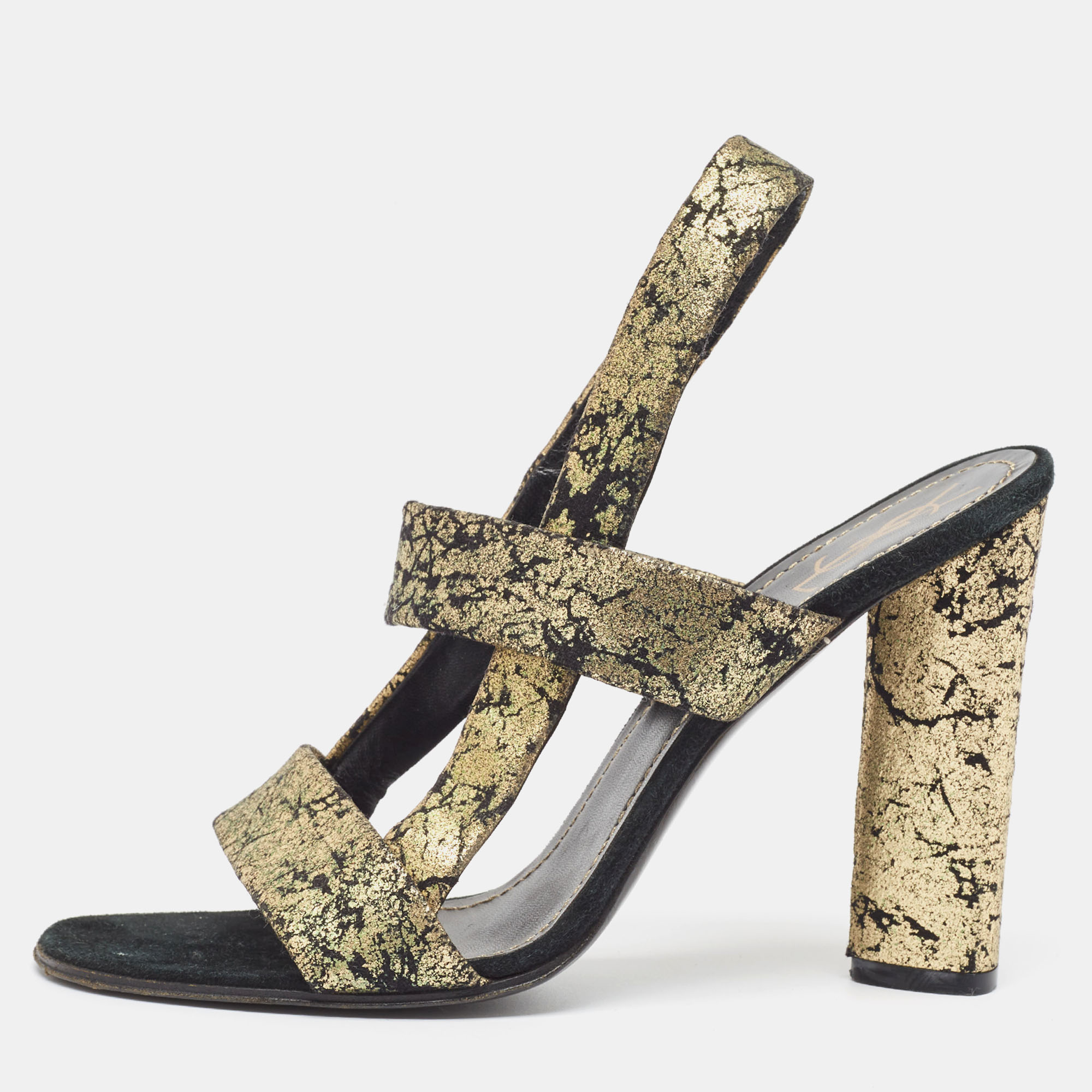

Yves Saint Laurent Gold/Black Suede Slingback Sandals Size, Metallic