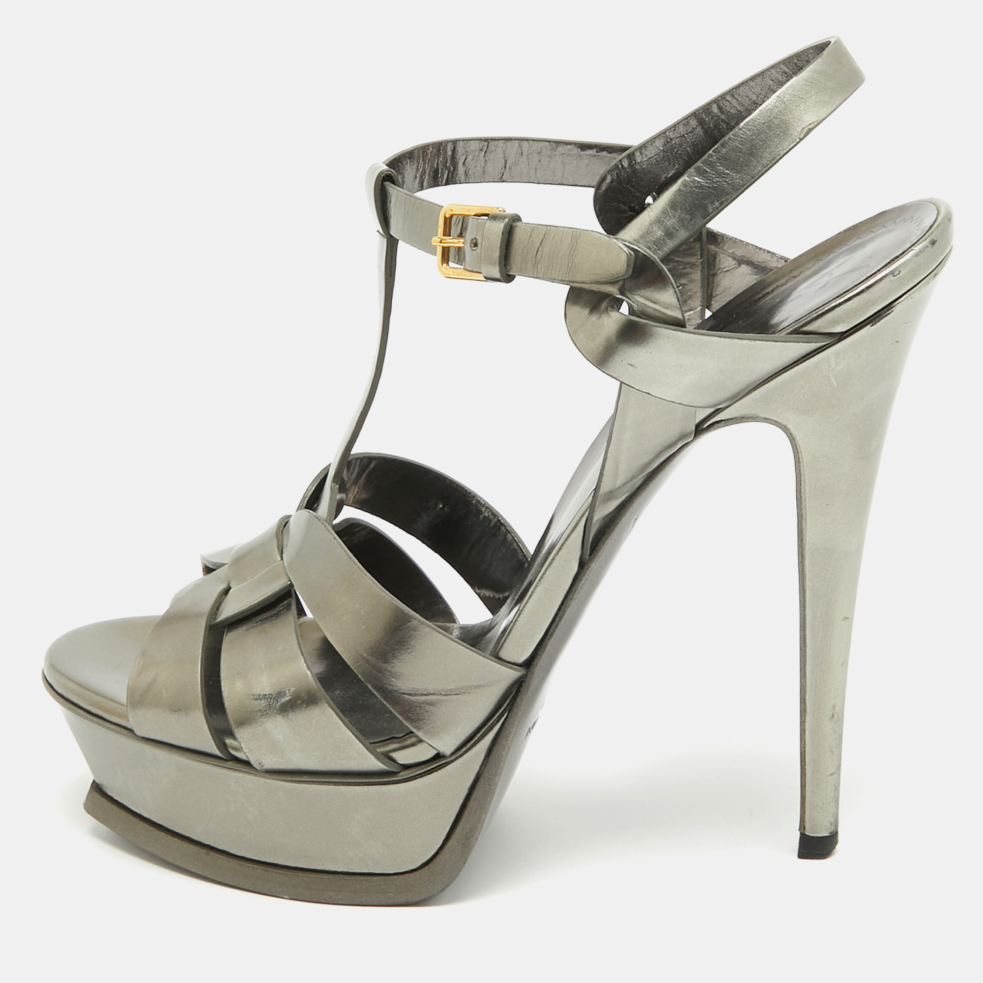 

Yves Saint Laurent Metallic Grey Leather Tribute Sandals Size