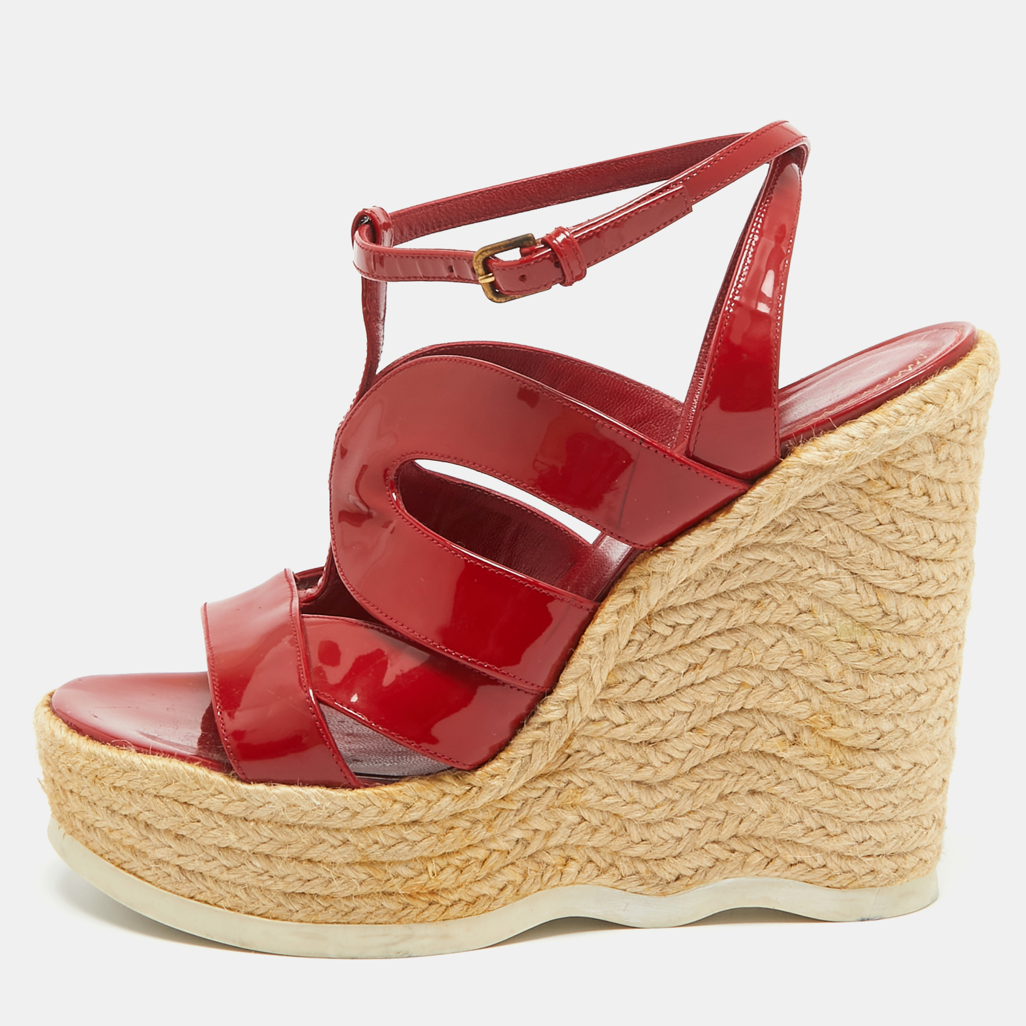 

Yves Saint Laurent Red Patent Wedge Ankle Sandals Size