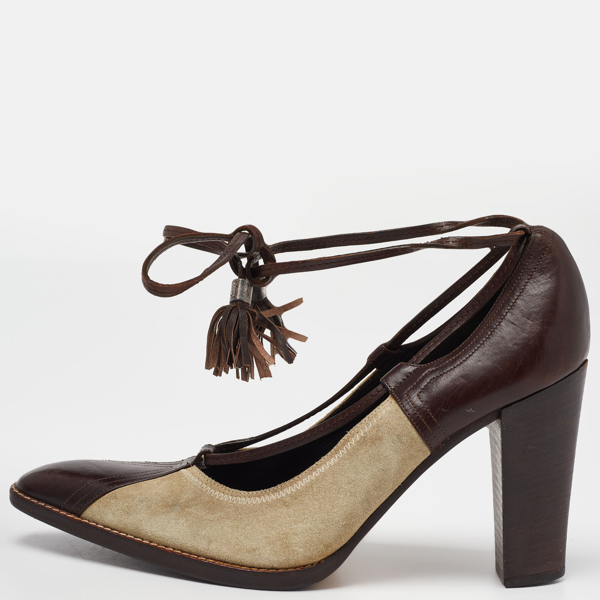 

Yves Saint Laurent Brown/Beige Suede and Leather Fringe Detail Ankle Wrap Pumps Size