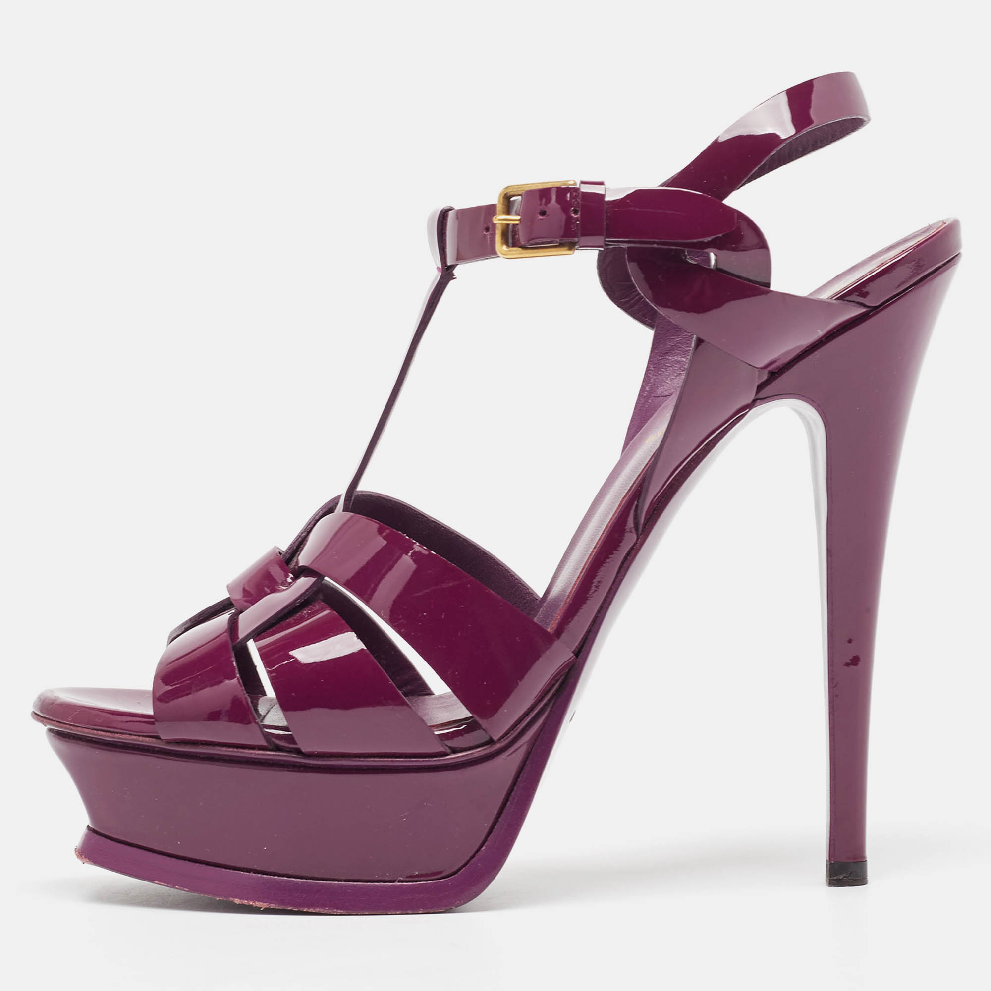 

Yves Saint Laurent Burgundy Patent Leather Tribute Platform Ankle Strap Sandals Size