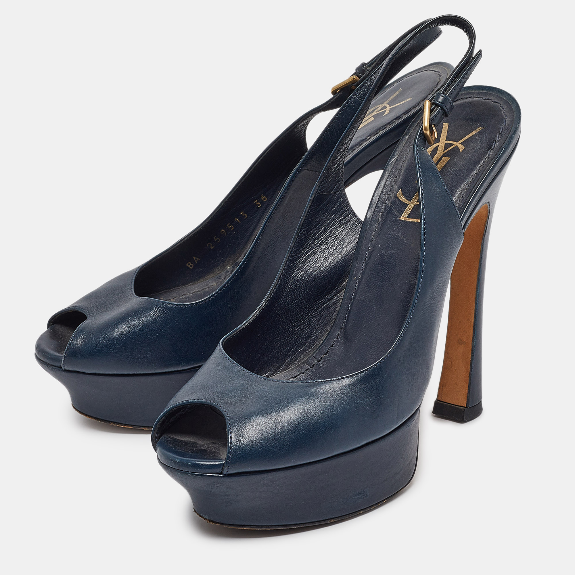 Yves Saint Laurent Navy Blue Leather Peep Toe Platform Slingback Pumps Size 36 