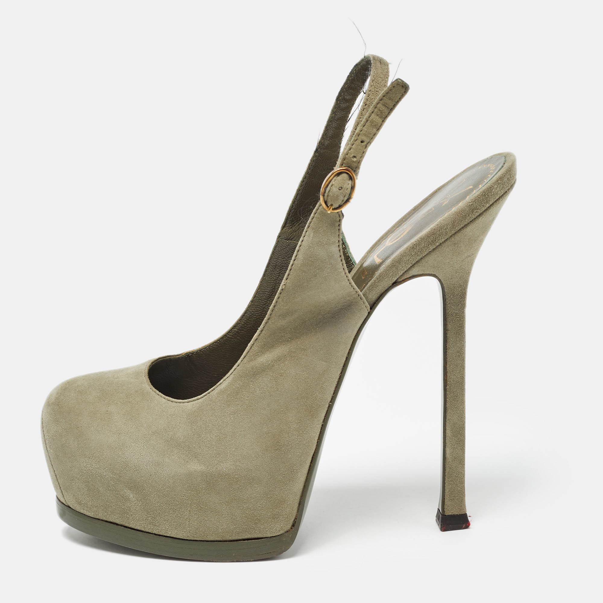 

Yves Saint Laurent Army Green Suede Tribtoo Slingback Pumps Size