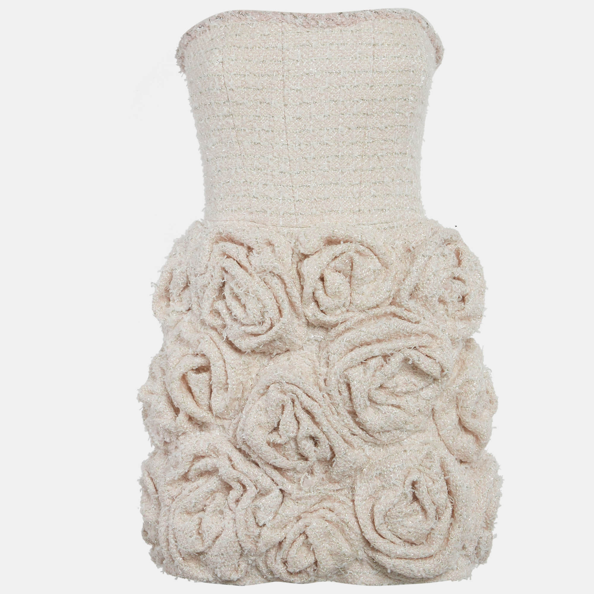 Pre-owned Yvon Pink /white Lurex Tweed Rose Applique Zinnia Mini Dress M