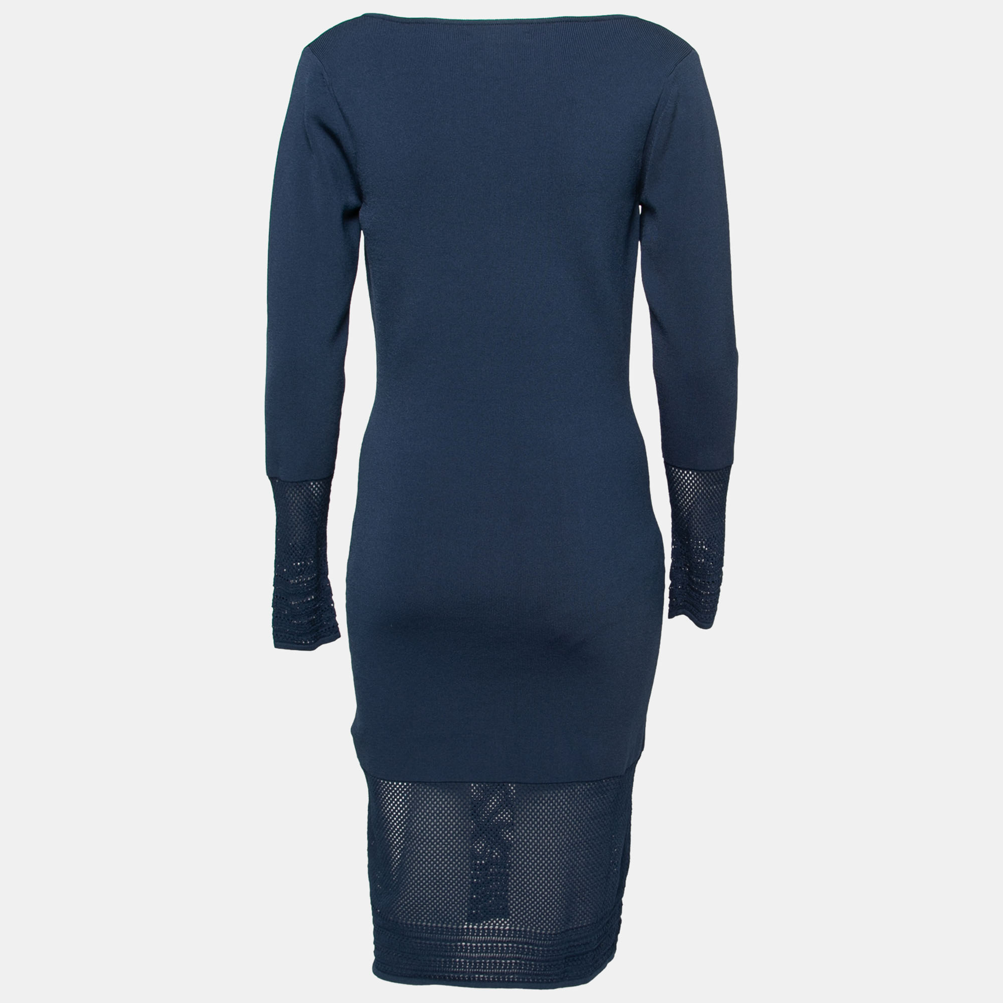 

Zac Posen Navy Blue Stretch Knit Sheer Pointelle Trim Long Sleeve Midi Dress