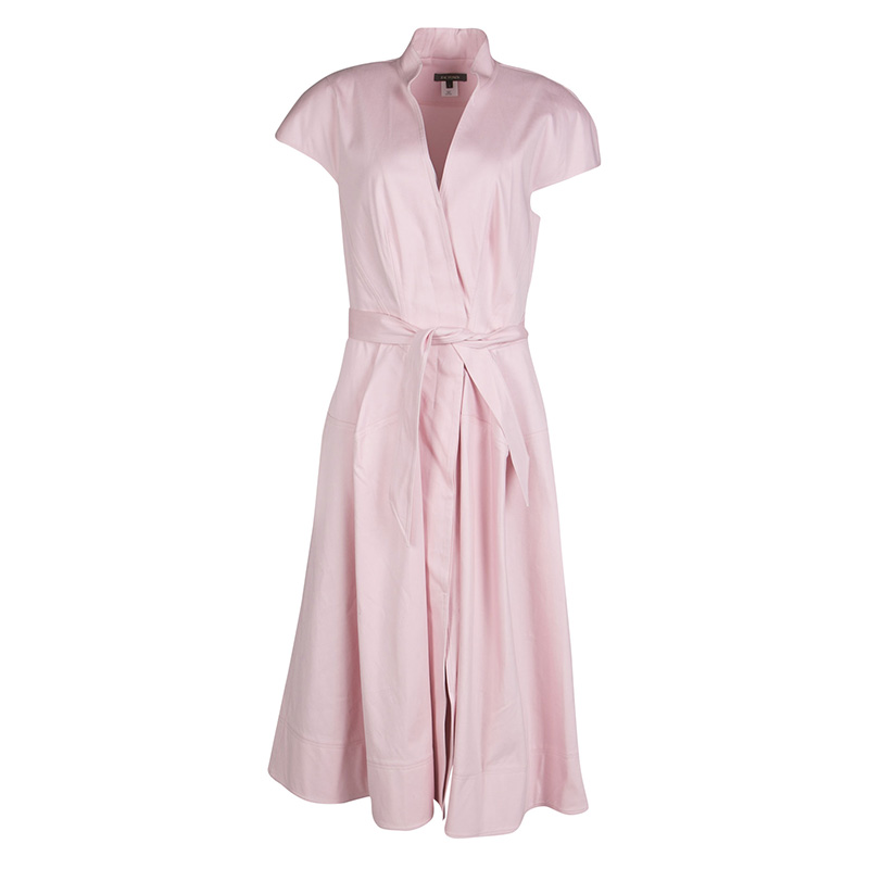 Zac Posen Pink Cotton Mandarin Collar A-Line Belted Shirt Dress S