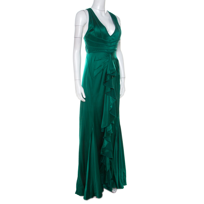 

Zac Posen Green Silk Satin Panelled Bodice Gown
