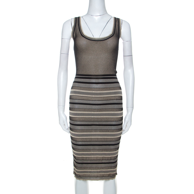 Pre Owned Zac Posen Black and Beige Striped Knit Sleeveless Midi Dress S