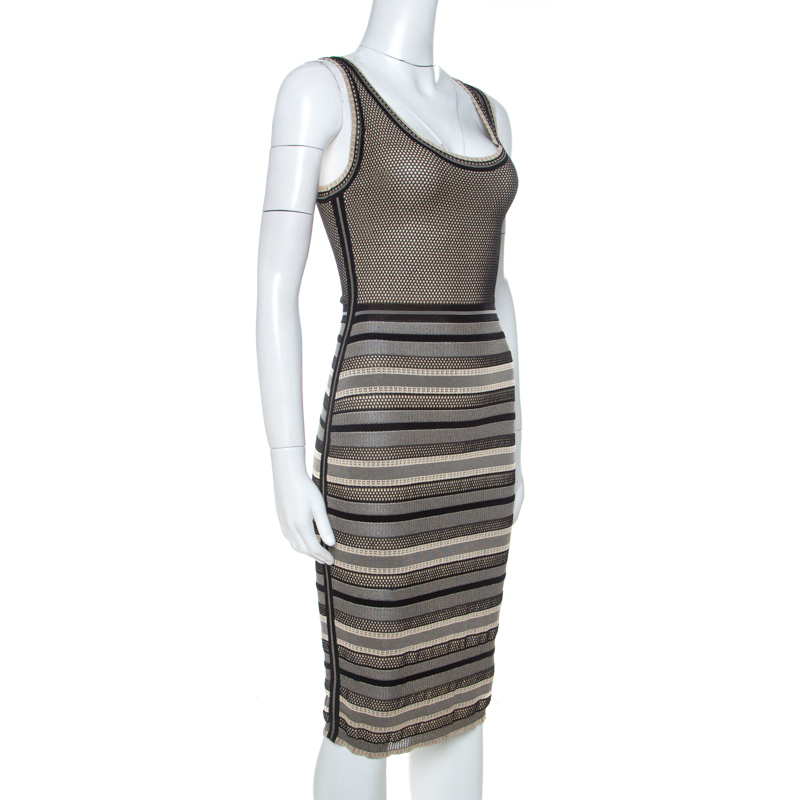 

Zac Posen Black and Beige Striped Knit Sleeveless Midi Dress