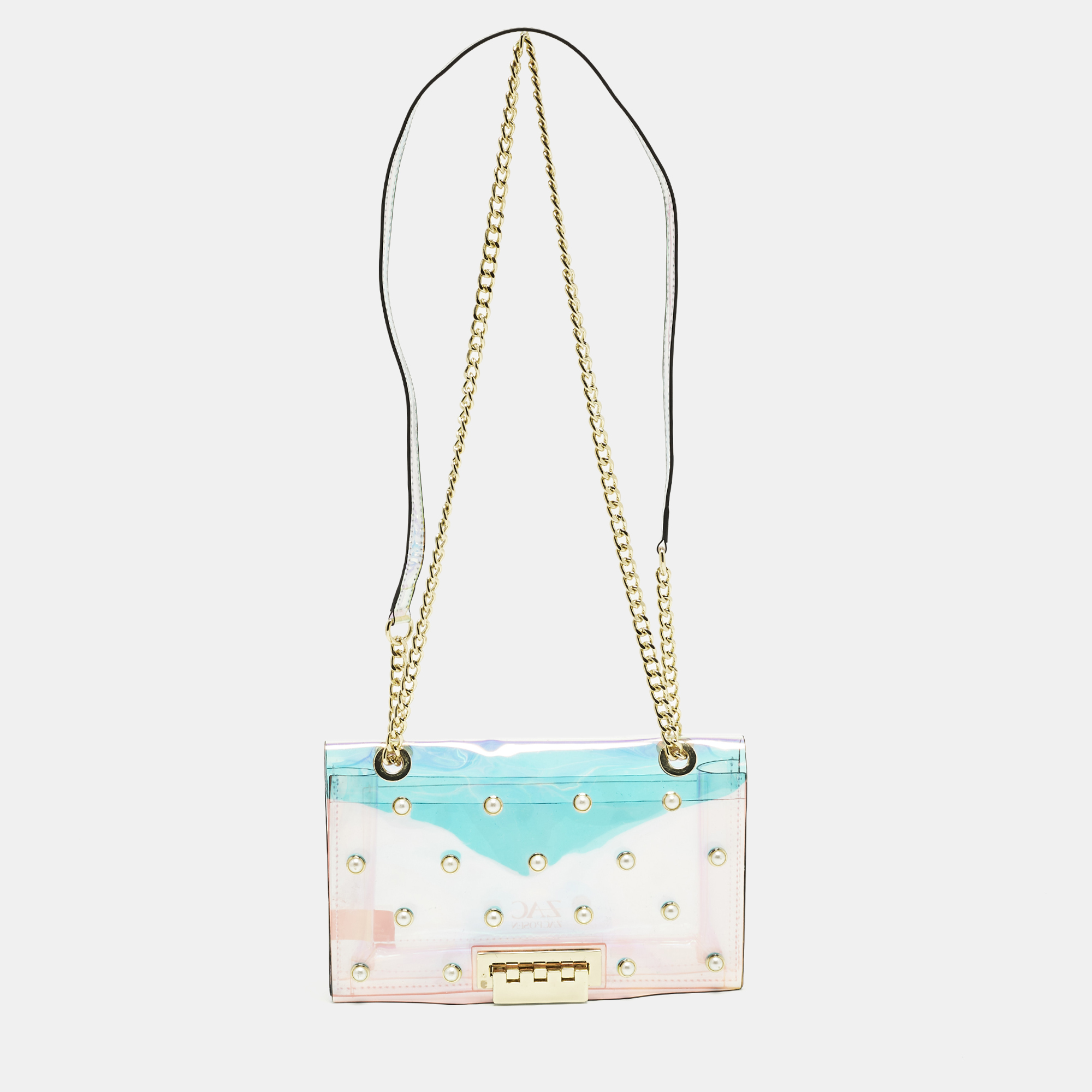 Pre-owned Zac Posen Earthette Pearl Embellished Iridescent Pvc Shoulder Bag In Multi